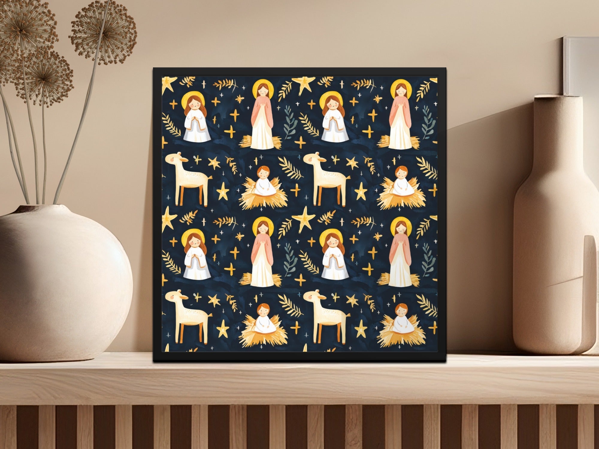 Festive Nativity Seamless Background Angels Stars on Dark Backdrop Digital - Moore and Mountain