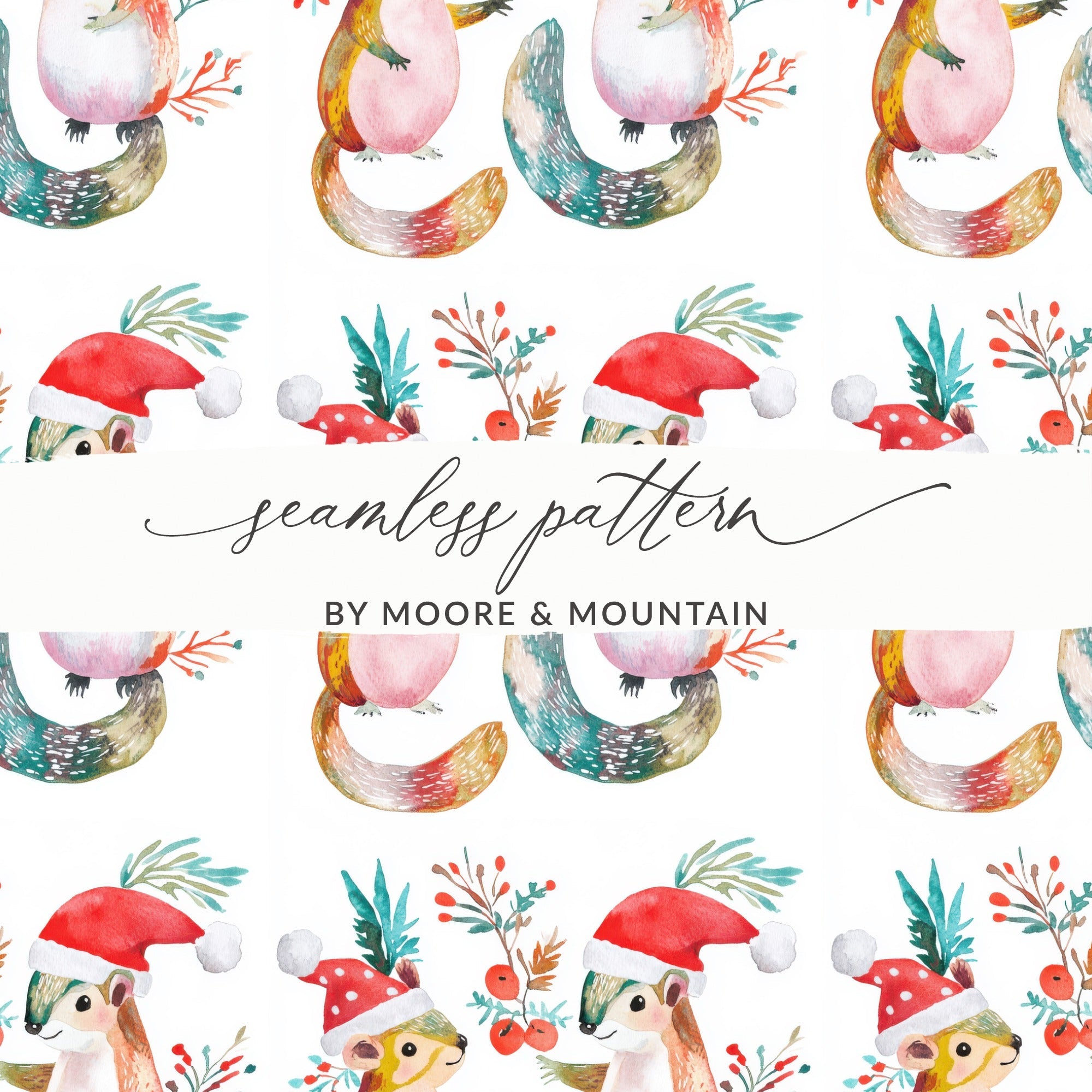 Festive Squirrels In Santa Hats Repeat Pattern Digital - Moore and Mountain