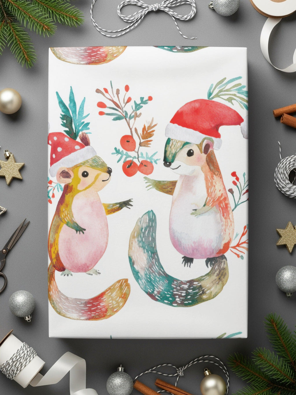 Festive Squirrels In Santa Hats Repeat Pattern Digital - Moore and Mountain