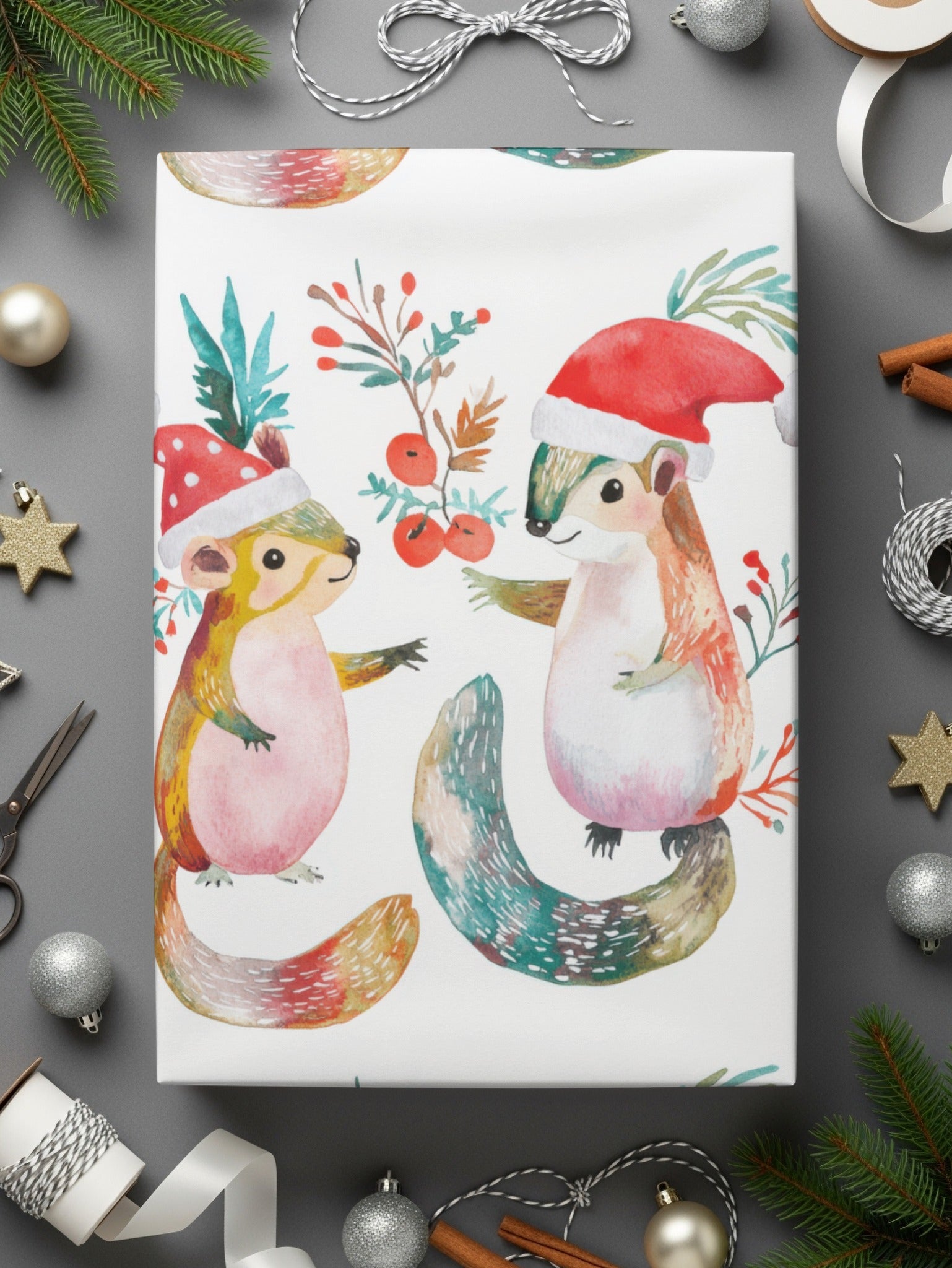 Festive Squirrels In Santa Hats Repeat Pattern Digital - Moore and Mountain