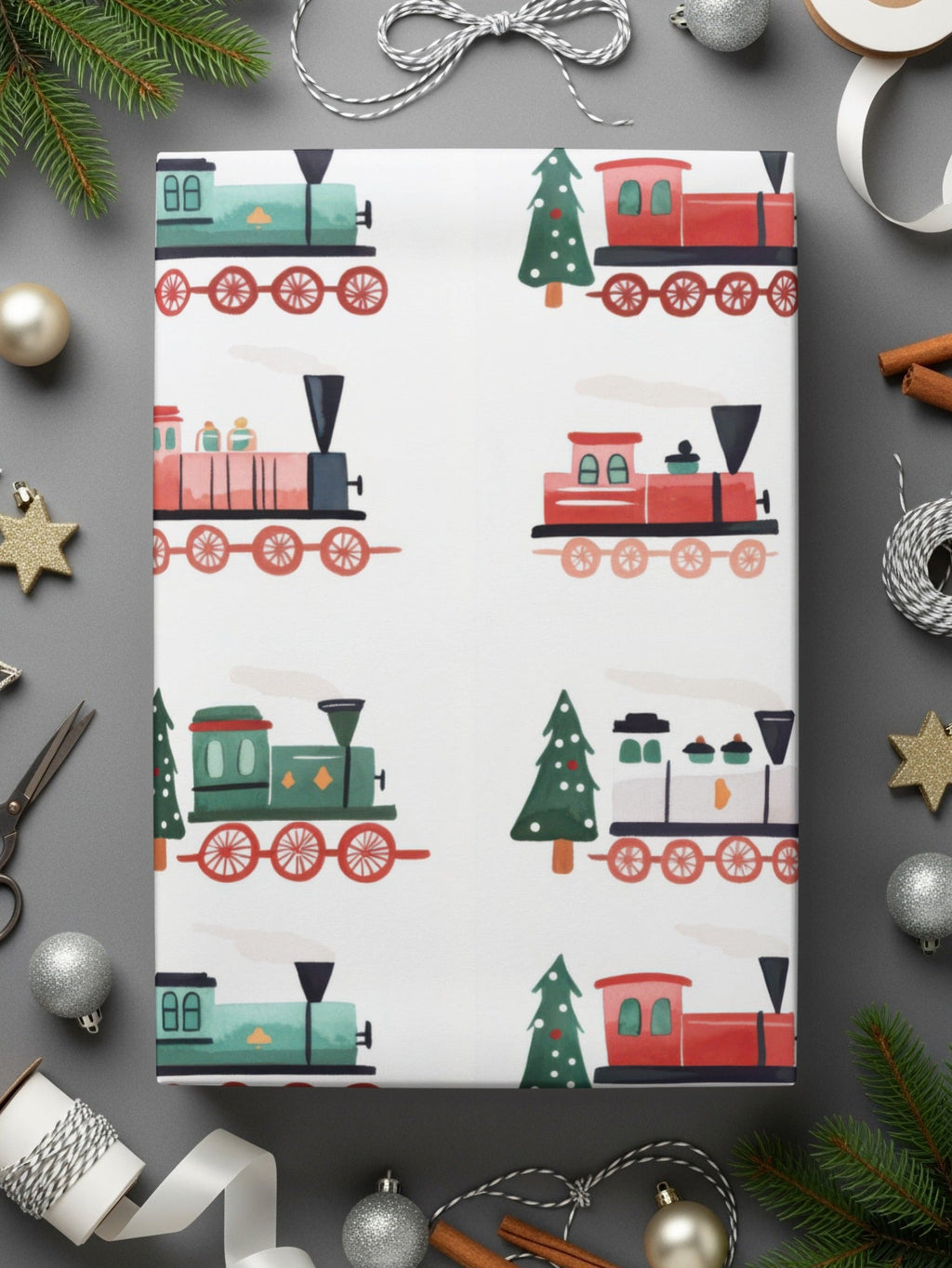 Festive Trains Christmas Seamless Pattern Xmas Trees Seamless Holiday Pattern Digital - Moore and Mountain