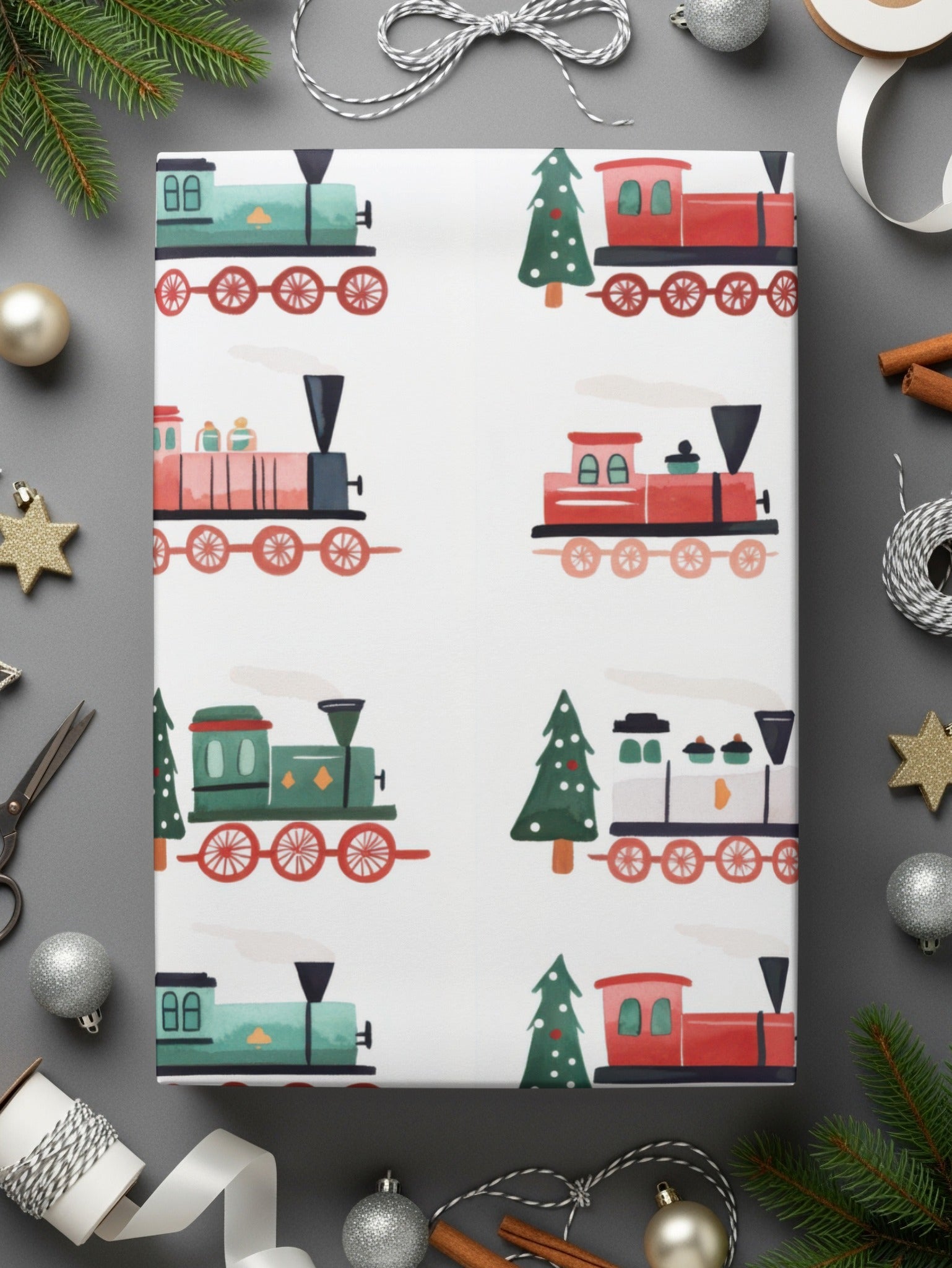 Festive Trains Christmas Seamless Pattern Xmas Trees Seamless Holiday Pattern Digital - Moore and Mountain