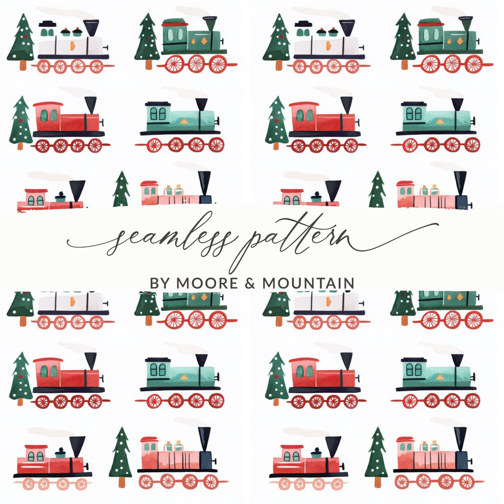 Festive Trains Christmas Seamless Pattern Xmas Trees Seamless Holiday Pattern Digital - Moore and Mountain