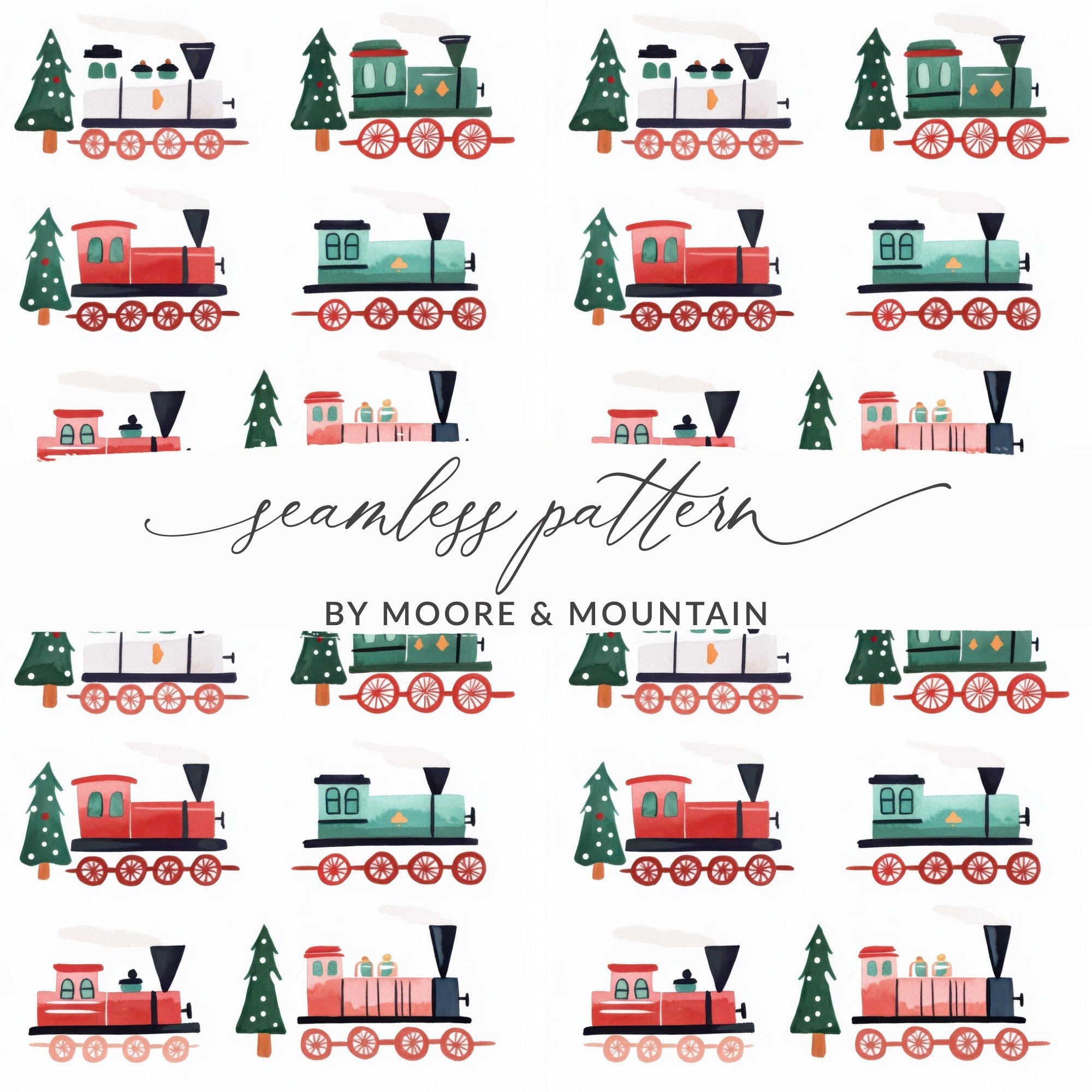 Festive Trains Christmas Seamless Pattern Xmas Trees Seamless Holiday Pattern Digital - Moore and Mountain