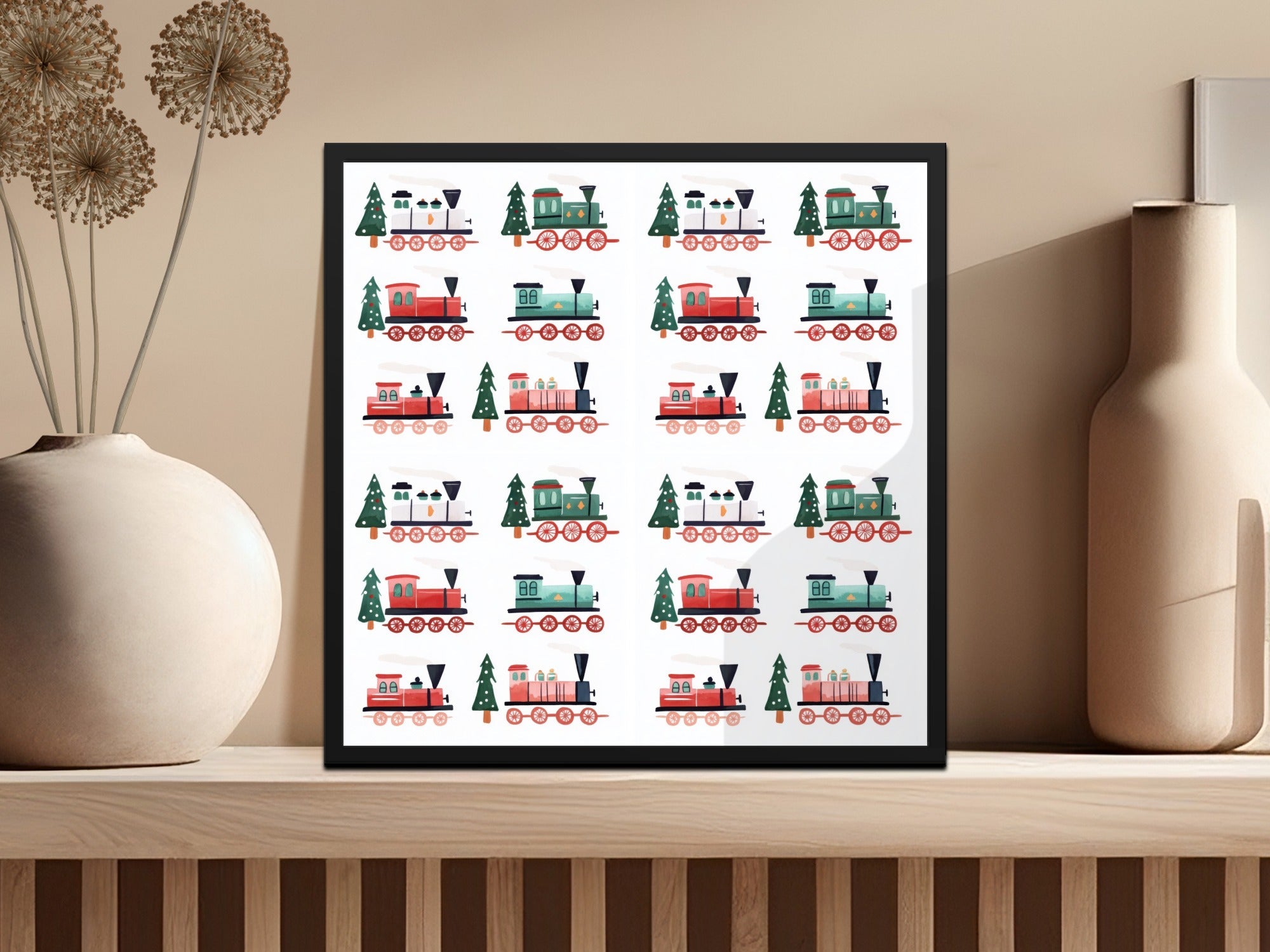 Festive Trains Christmas Seamless Pattern Xmas Trees Seamless Holiday Pattern Digital - Moore and Mountain