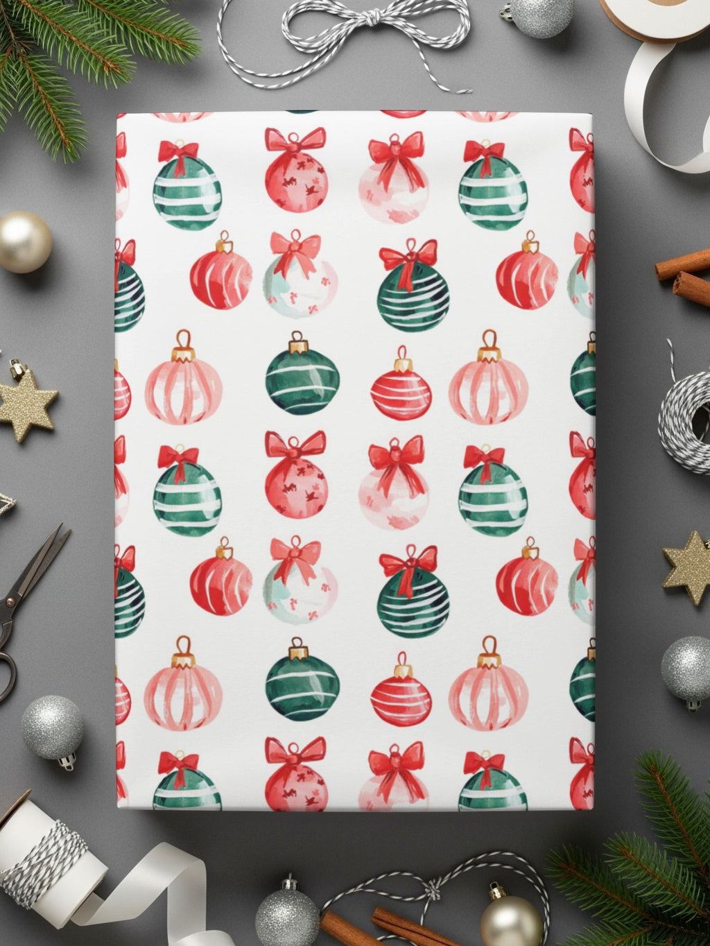 Festive Watercololor Christmas Ornaments Repeated Pattern Celebration Decorations Digital - Moore and Mountain