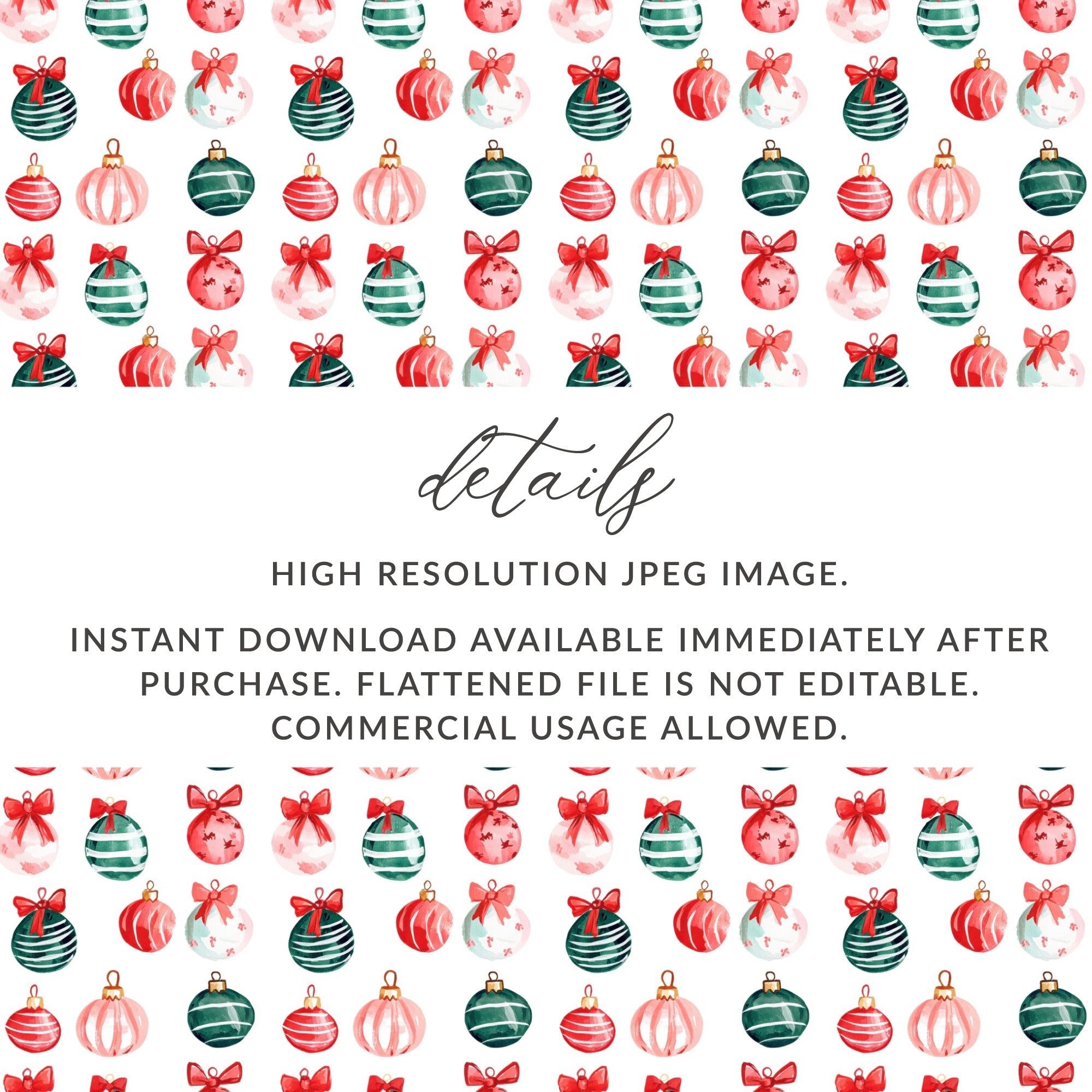 Festive Watercololor Christmas Ornaments Repeated Pattern Celebration Decorations Digital - Moore and Mountain