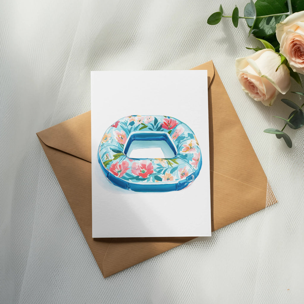 Floral inner tube illustration on a card with roses and eucalyptus.
