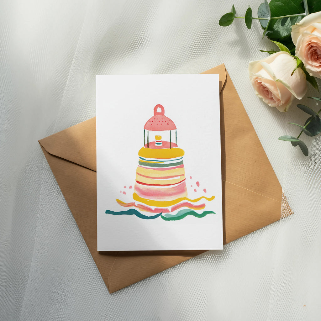 Watercolor lighthouse with colorful stripes on waves, on envelope with roses.
