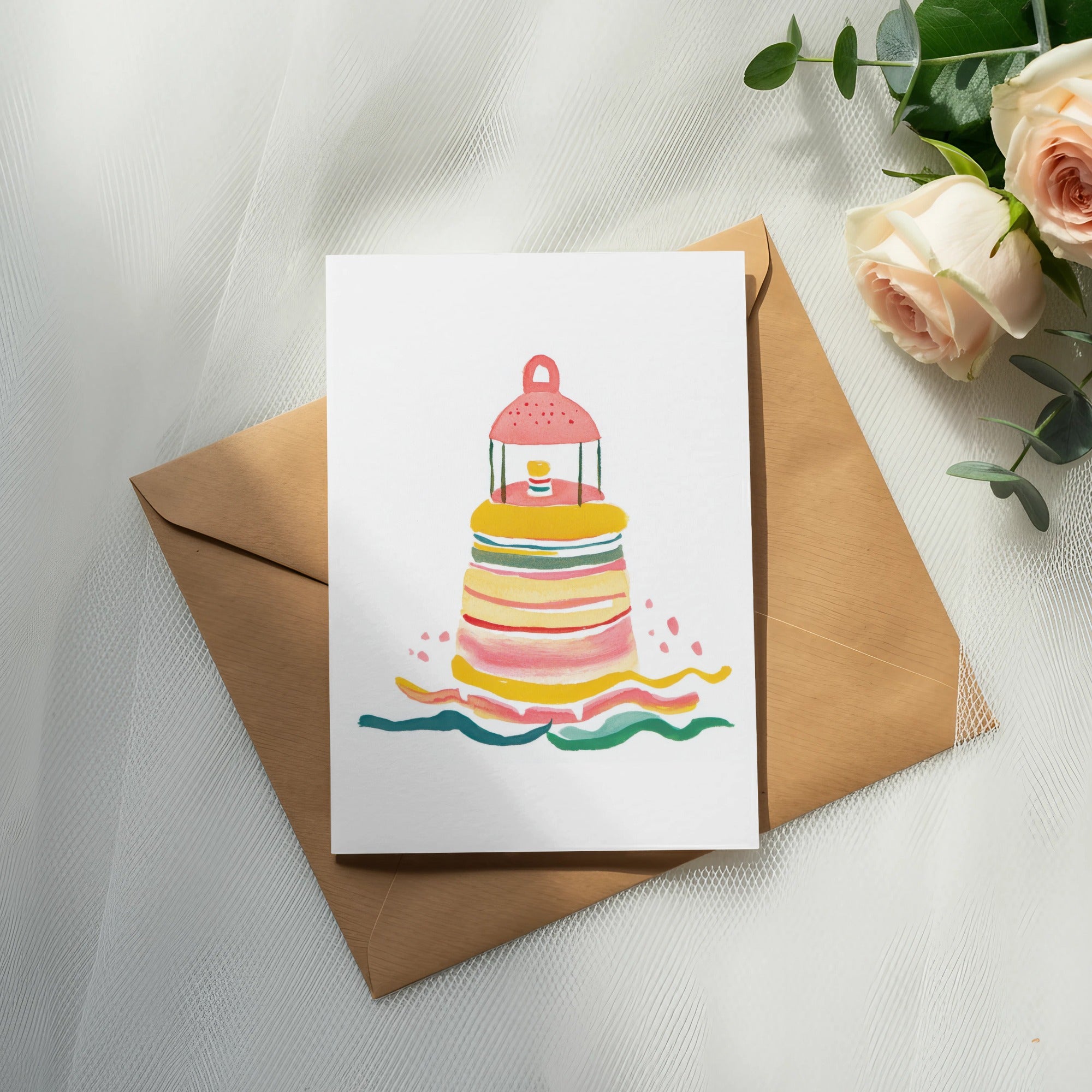 Watercolor lighthouse with colorful stripes on waves, on envelope with roses.