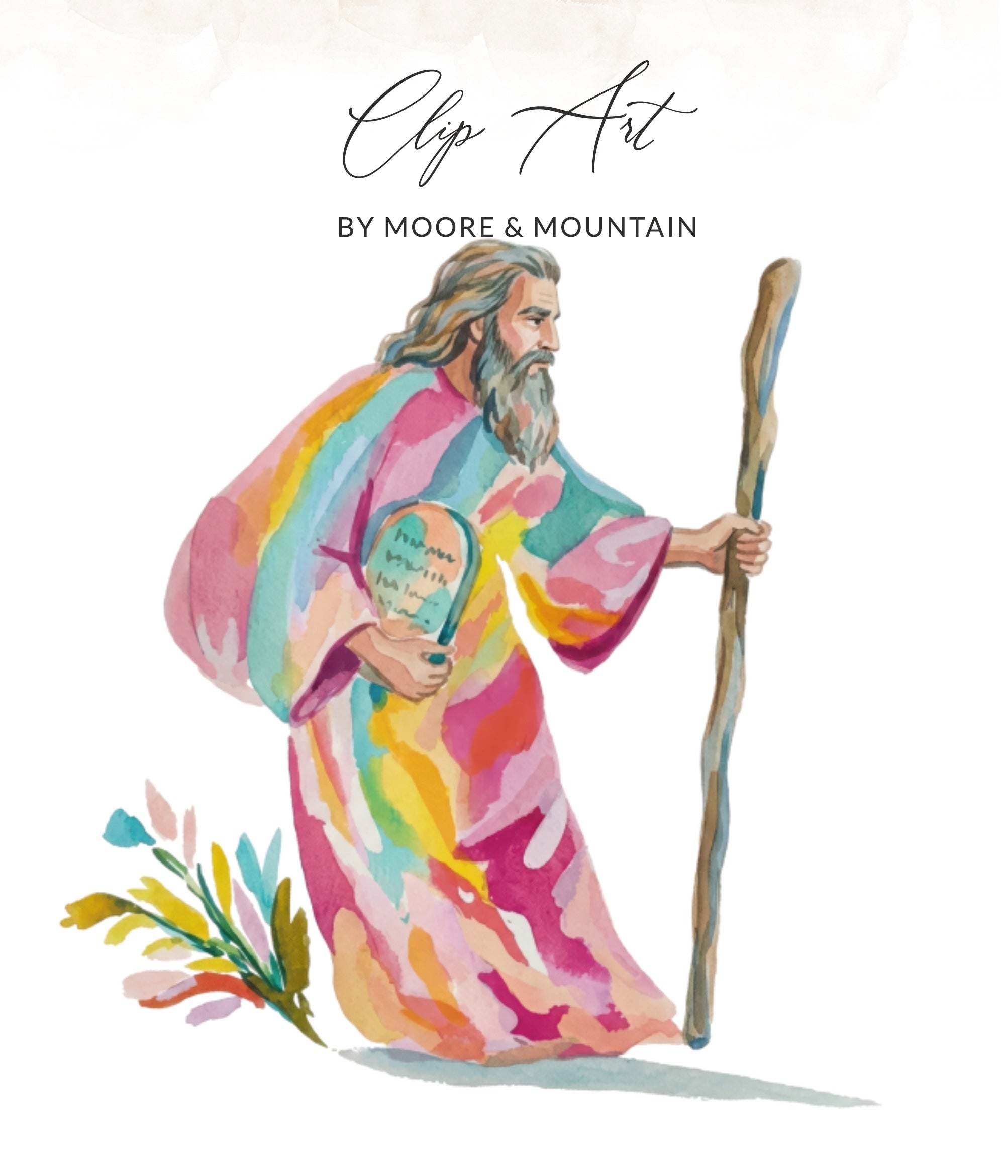 Watercolor illustration of Moses holding staff and tablet, with "Clip Art BY MOORE & MOUNTAIN" text.