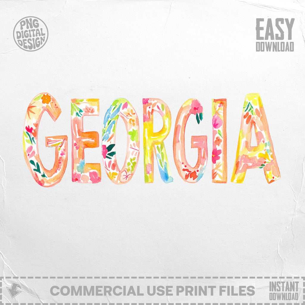 Watercolor letters spell out GEORGIA with floral accents.