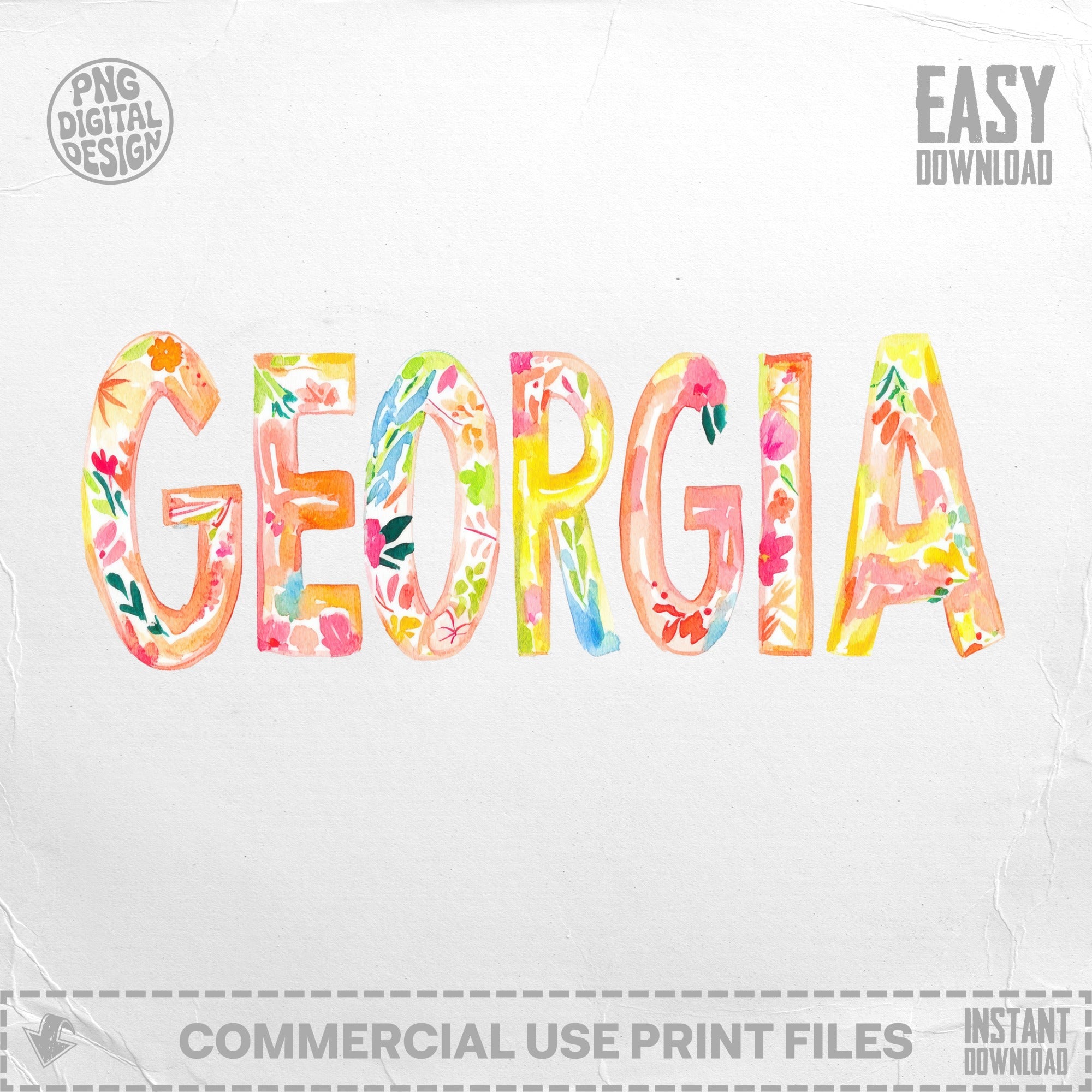 Watercolor letters spell out GEORGIA with floral accents.