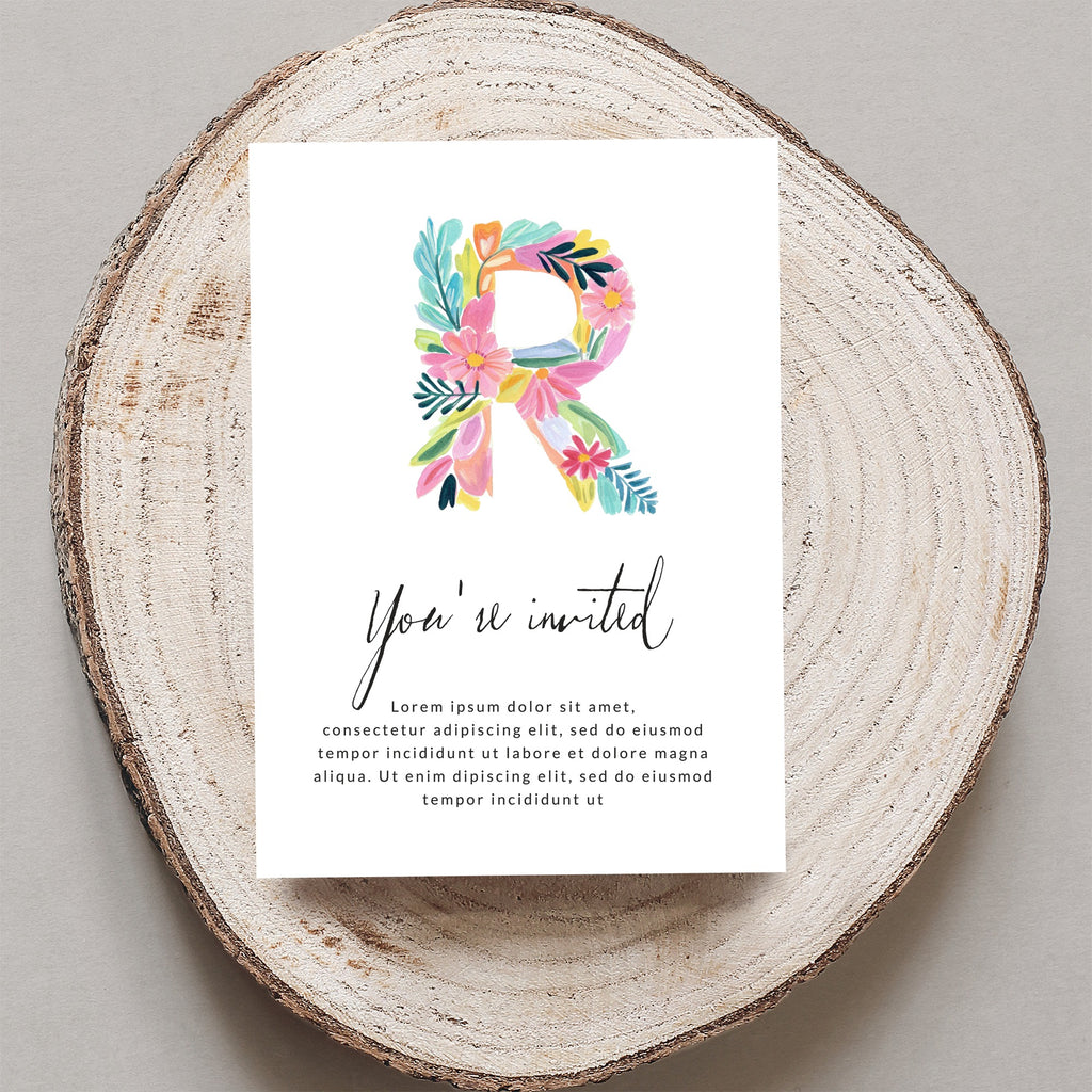 Floral letter R invitation with "You're invited" text.