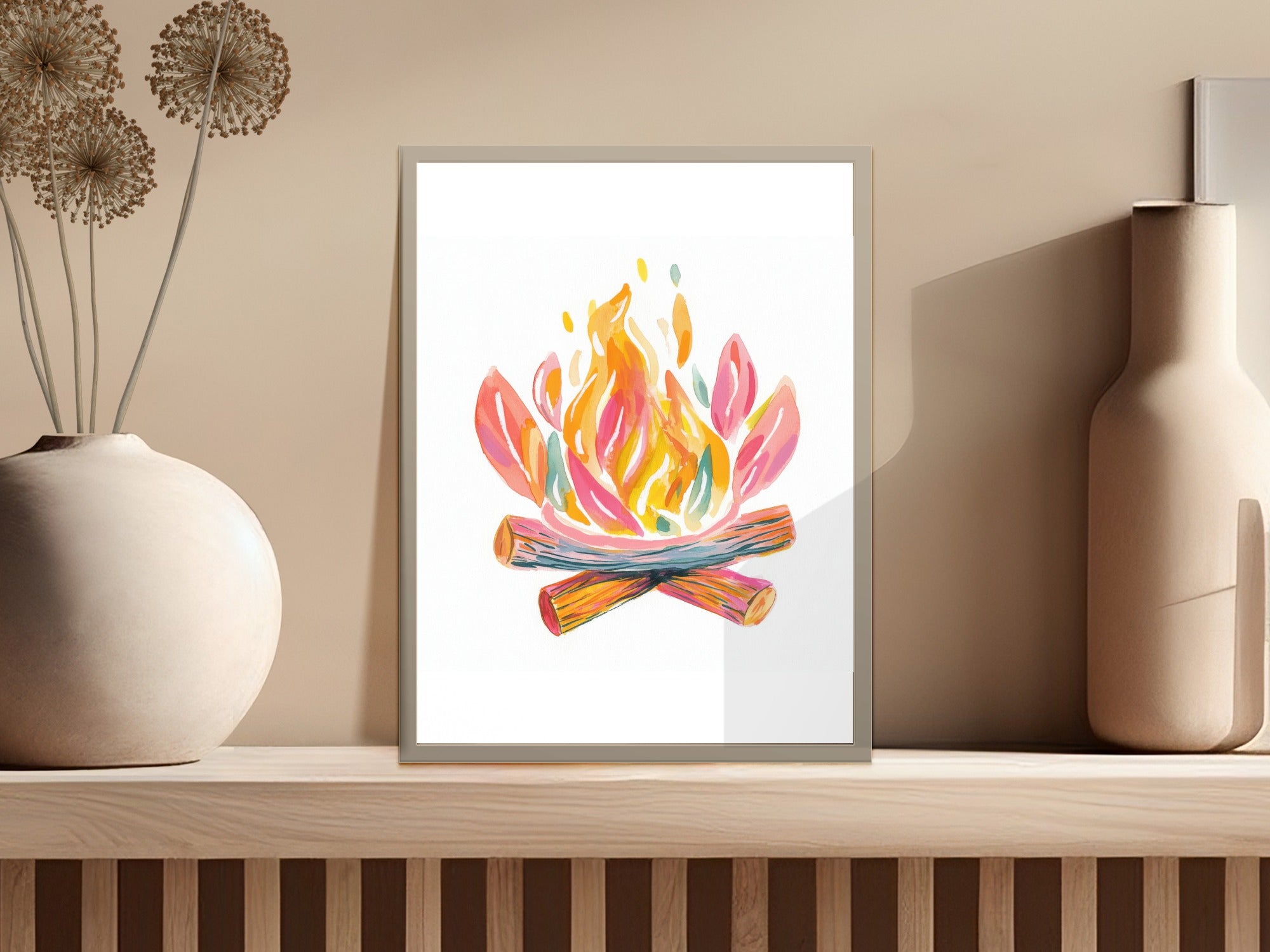 Watercolor campfire art with colorful flames and logs on a shelf.