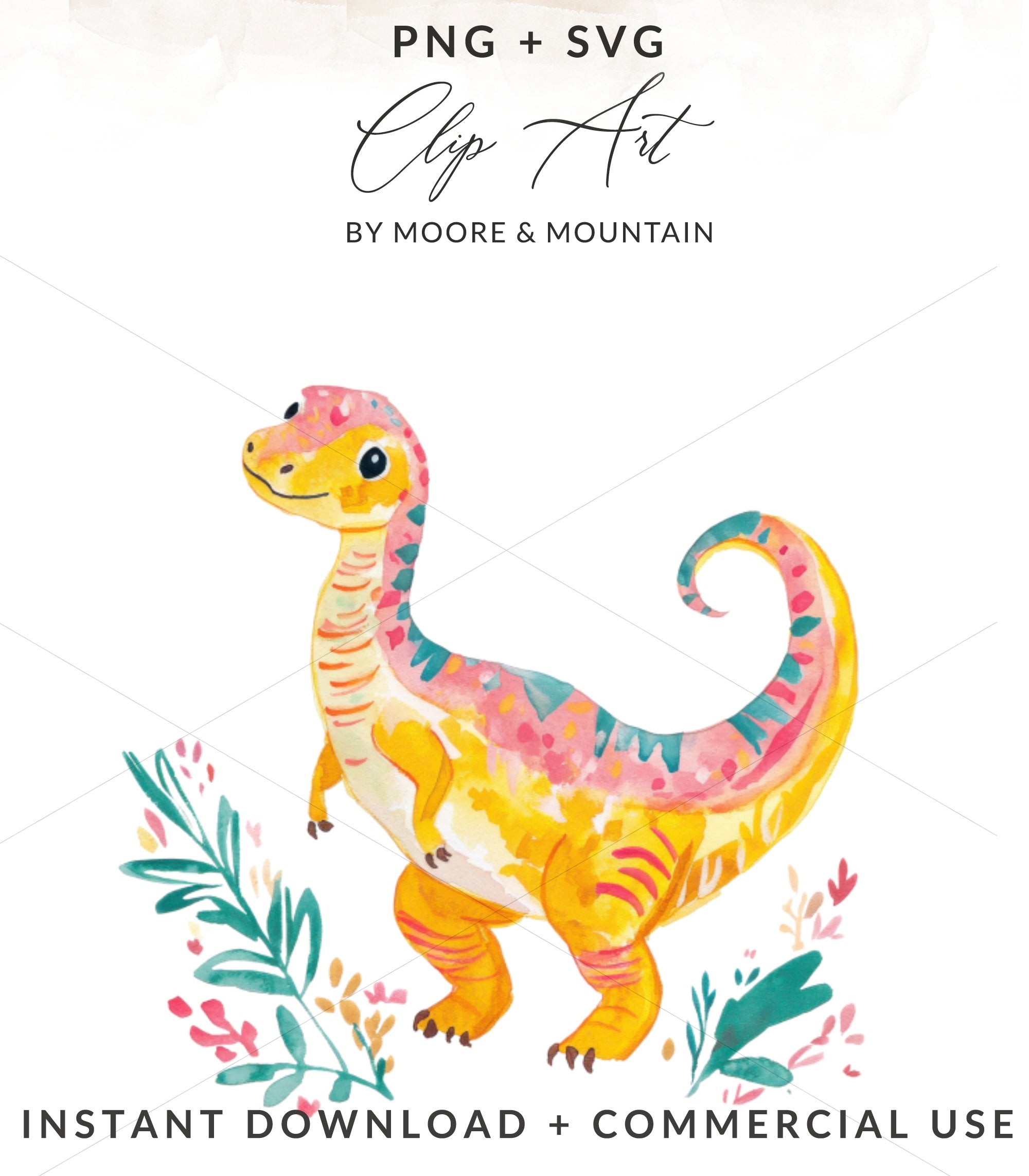 Watercolor T-Rex dinosaur with floral accents, PNG + SVG.