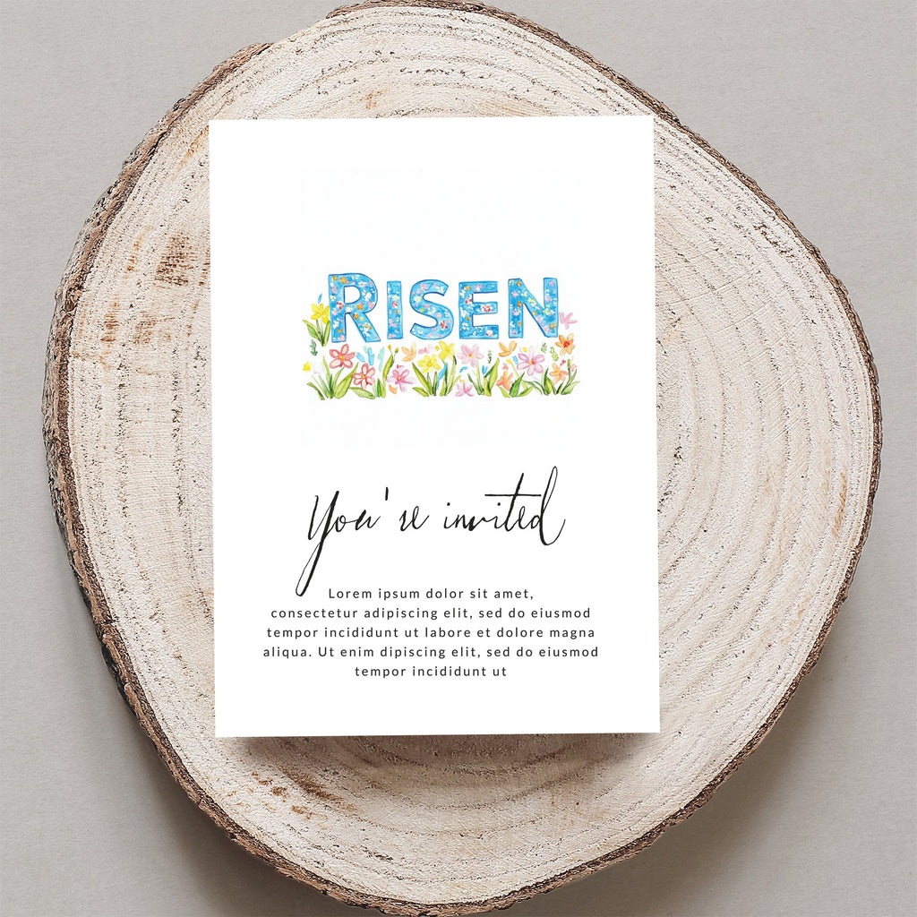 Invitation with "RISEN" text and floral accents, announcing "You're invited."
