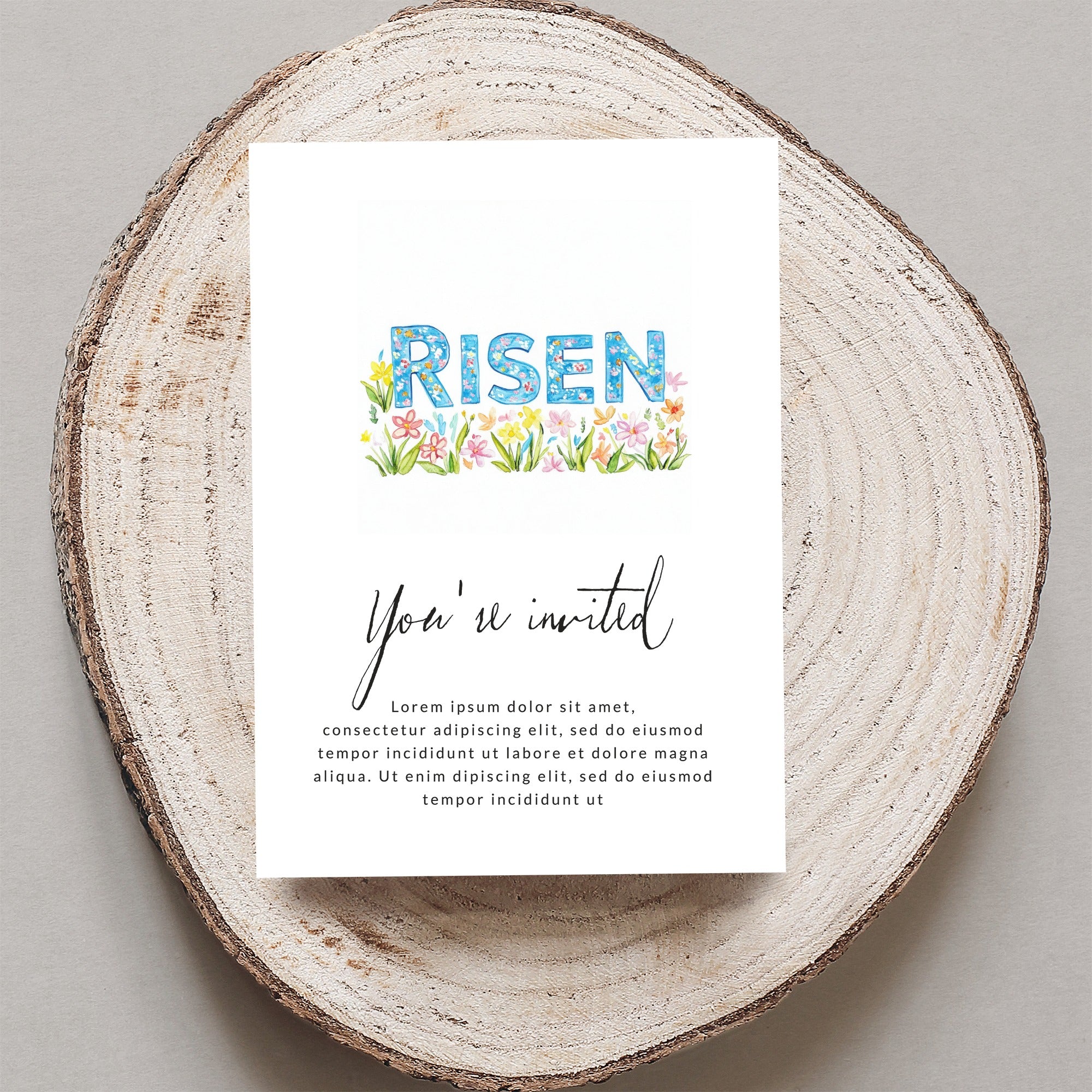 Invitation with "RISEN" text and floral accents, announcing "You're invited."