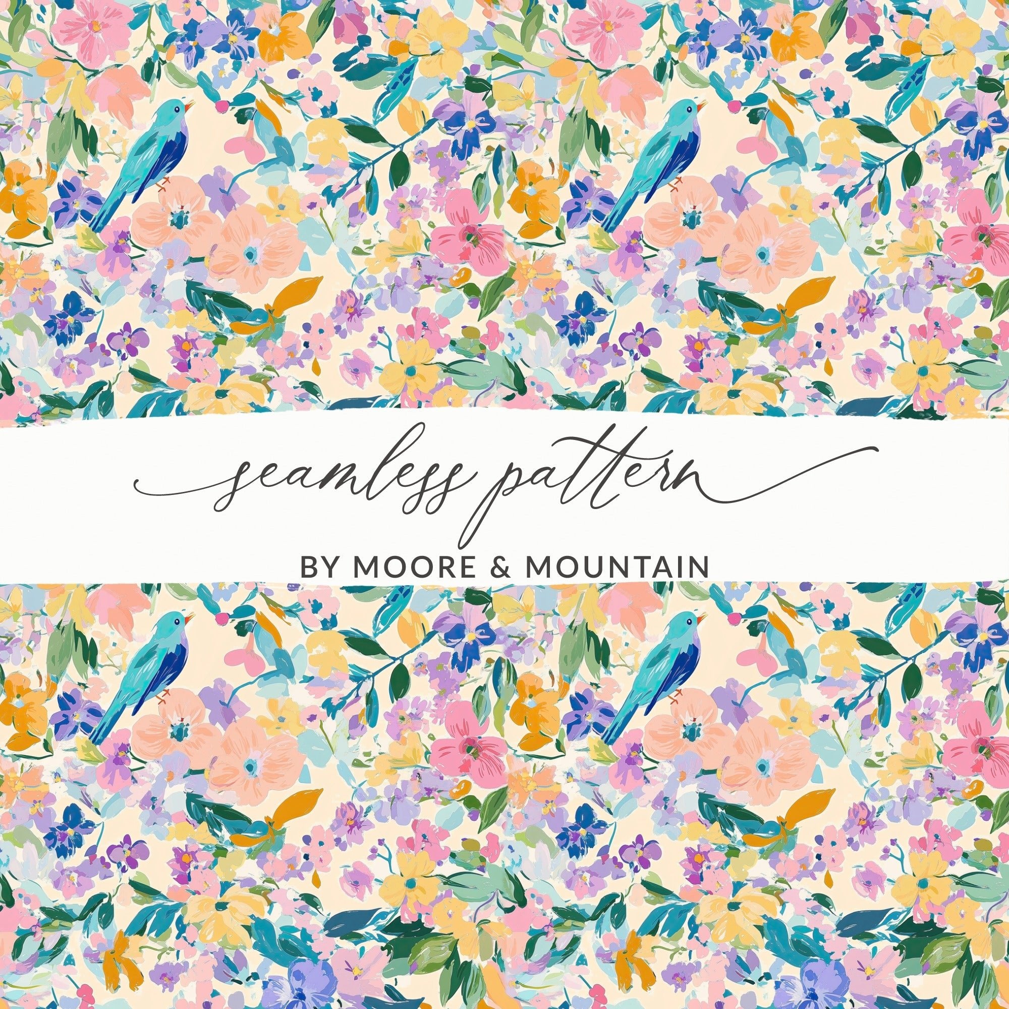 Floral Bird Digital Paper, Watercolor Flowers Seamless Pattern, Pastel Spring Fabric Design, Scrapbooking Paper Pack, Digital Download - Moore and Mountain