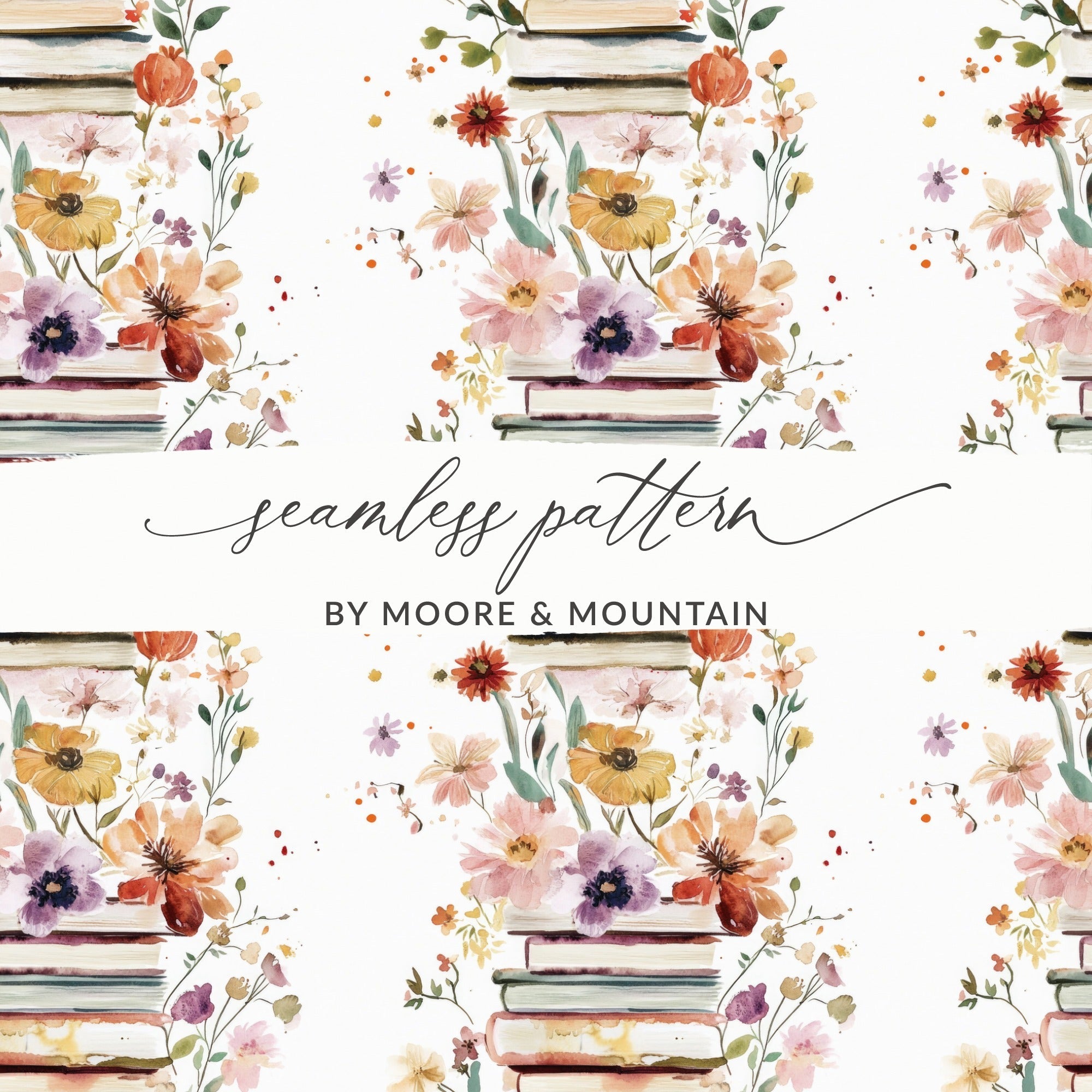 Floral Books Digital Paper, Seamless Book Pattern, Watercolor Flowers Design, Books and Flowers Pattern, Reading Theme Digital File - Moore and Mountain