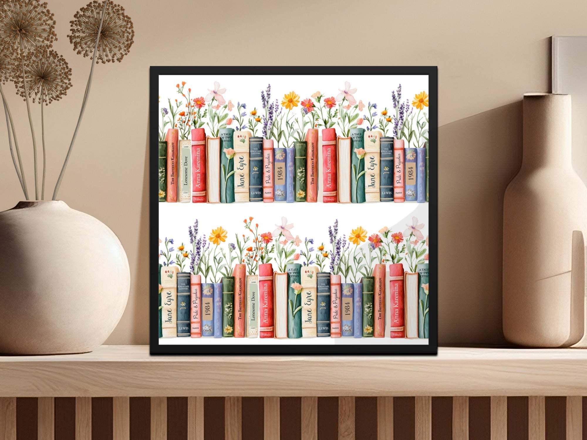 Floral Bookshelf Seamless Pattern Digital Paper, Watercolor Book Spine Art, Classic Novel Design, JPEG Download, Reader Gift, Two Scales - Moore and Mountain