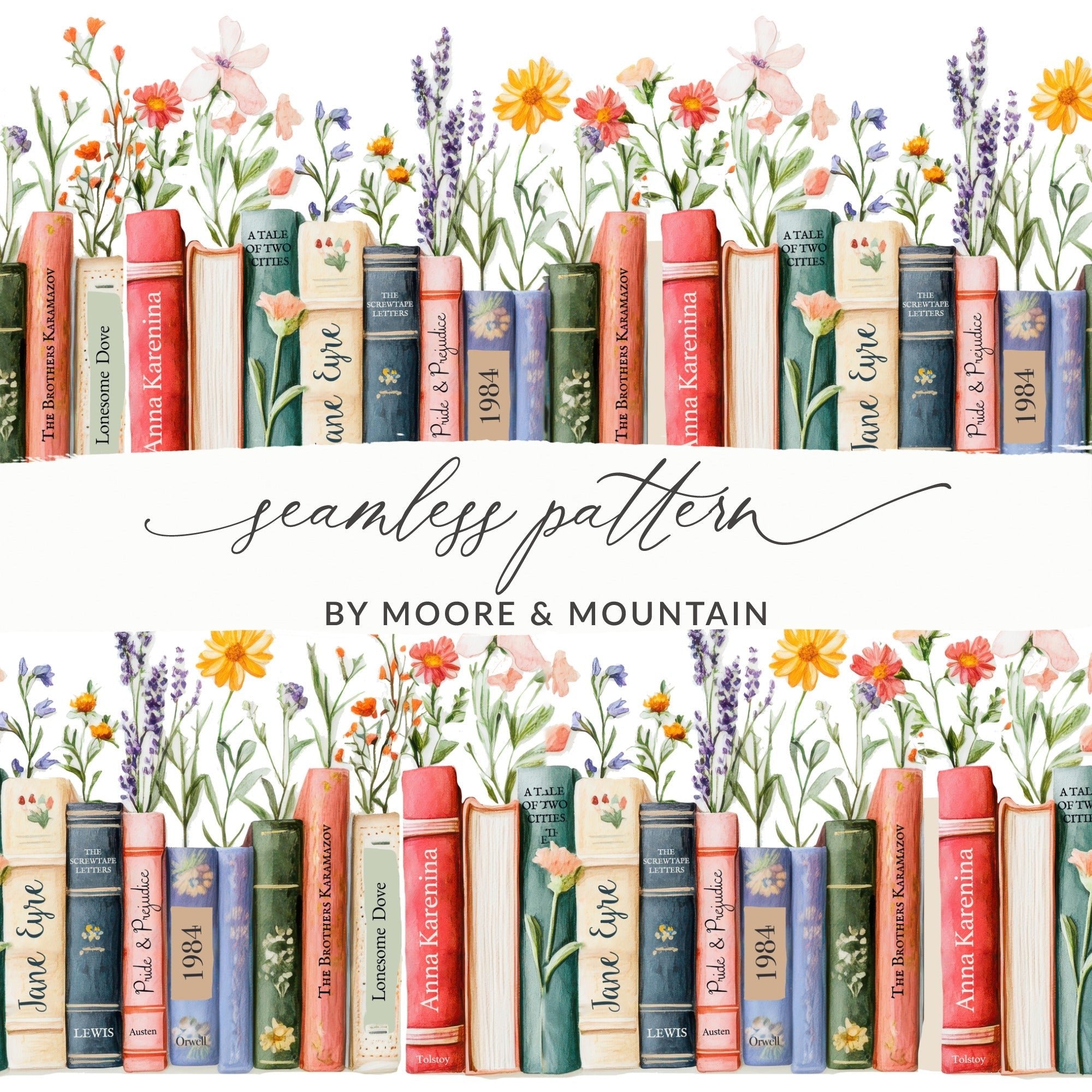 Floral Bookshelf Seamless Pattern Digital Paper, Watercolor Book Spine Art, Classic Novel Design, JPEG Download, Reader Gift, Two Scales - Moore and Mountain