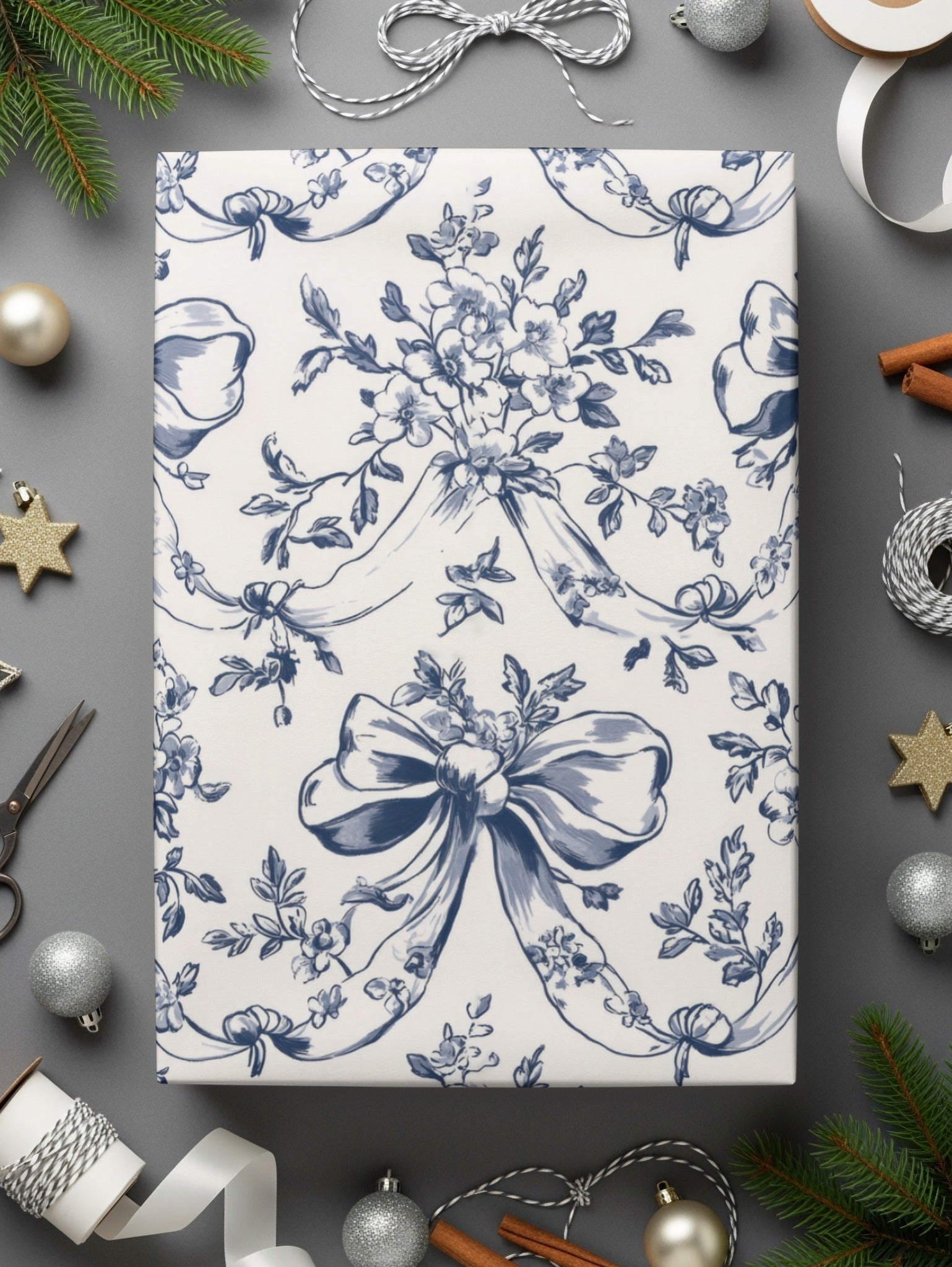 Floral Bow Digital Paper, Seamless Pattern, Chinoiserie Fabric Design, Blue White Print, Tileable Background, Scrapbook Paper, Digital - Moore and Mountain