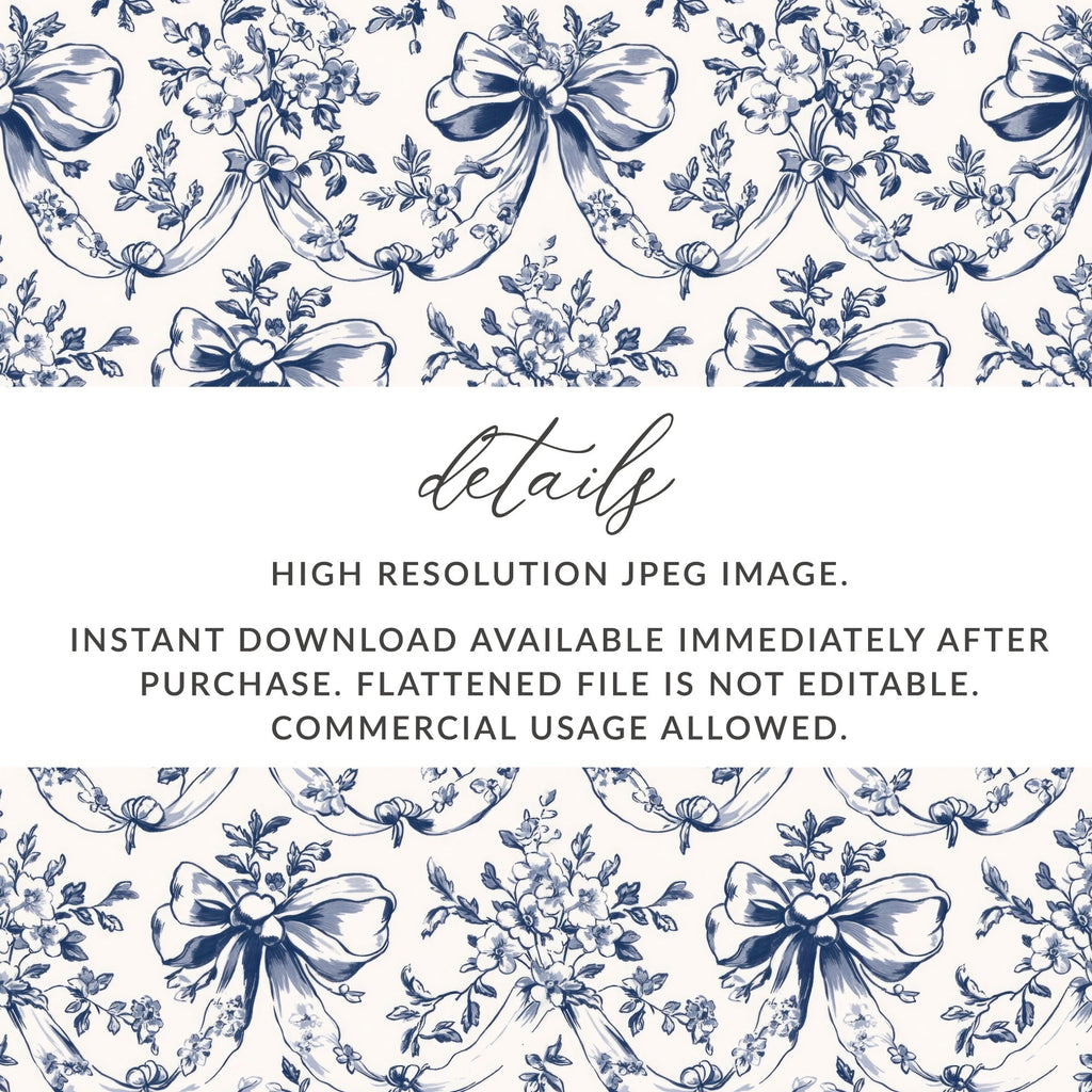 Floral Bow Digital Paper, Seamless Pattern, Chinoiserie Fabric Design, Blue White Print, Tileable Background, Scrapbook Paper, Digital - Moore and Mountain