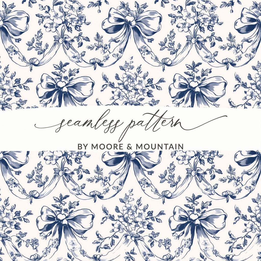 Floral Bow Digital Paper, Seamless Pattern, Chinoiserie Fabric Design, Blue White Print, Tileable Background, Scrapbook Paper, Digital - Moore and Mountain
