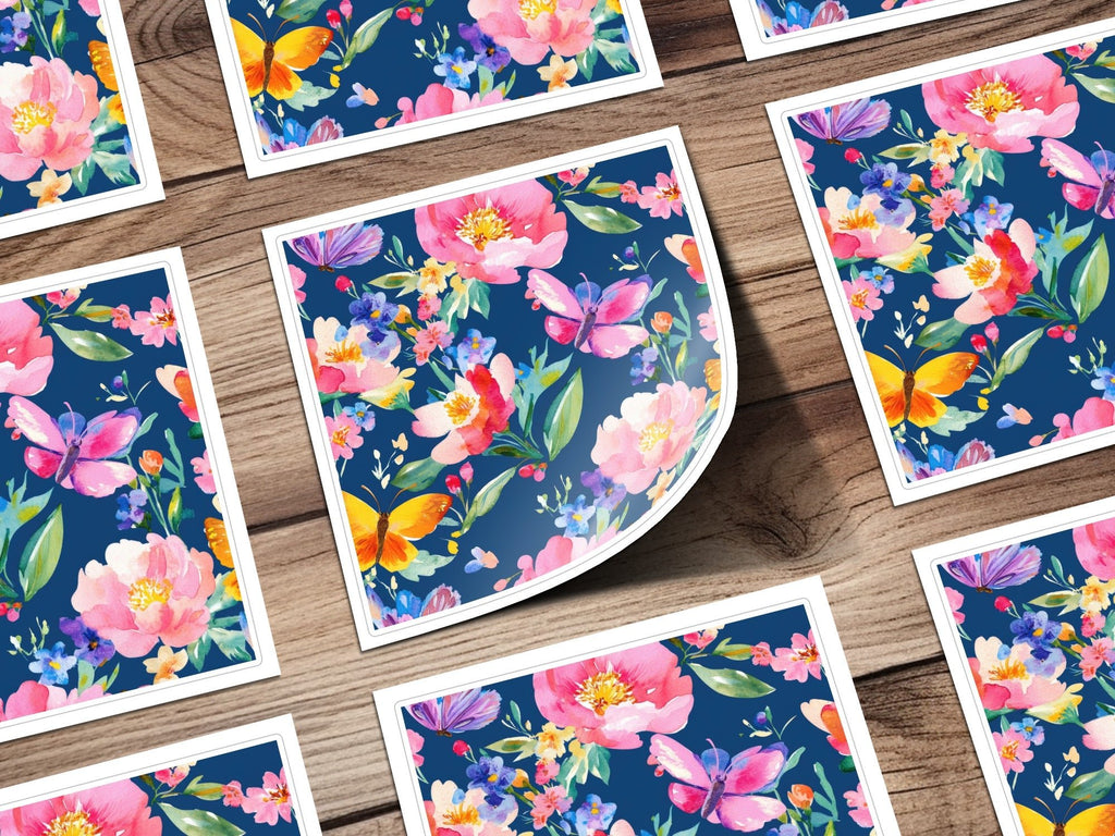 Floral Butterfly Seamless Digital, Watercolor Flowers Pattern, Fabric Design, Scrapbooking Paper, Navy Background, Digital Paper - Moore and Mountain