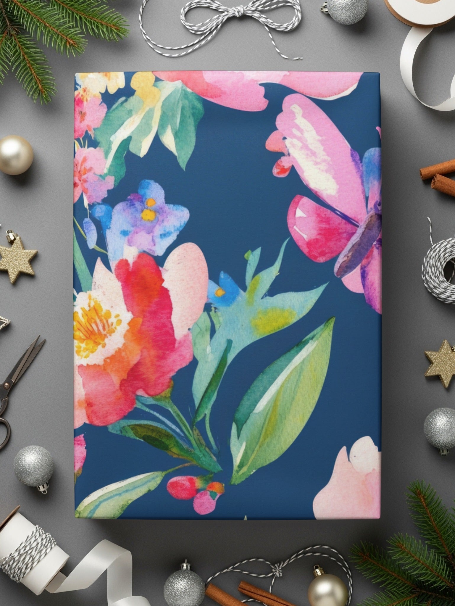 Floral Butterfly Seamless Digital, Watercolor Flowers Pattern, Fabric Design, Scrapbooking Paper, Navy Background, Digital Paper - Moore and Mountain