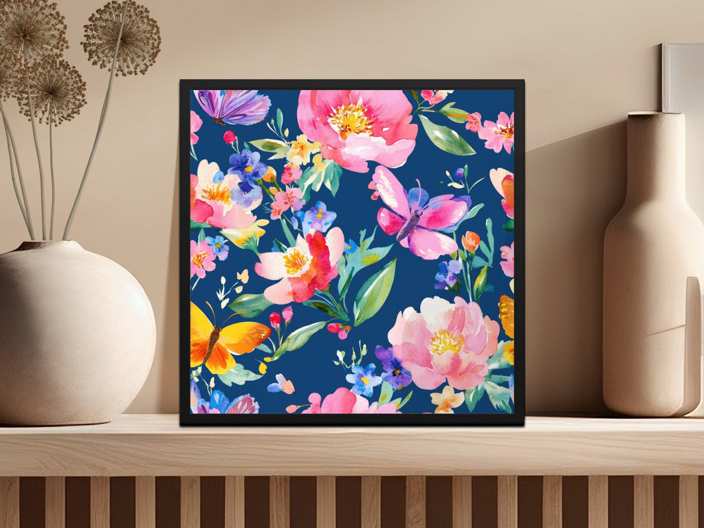 Floral Butterfly Seamless Digital, Watercolor Flowers Pattern, Fabric Design, Scrapbooking Paper, Navy Background, Digital Paper - Moore and Mountain