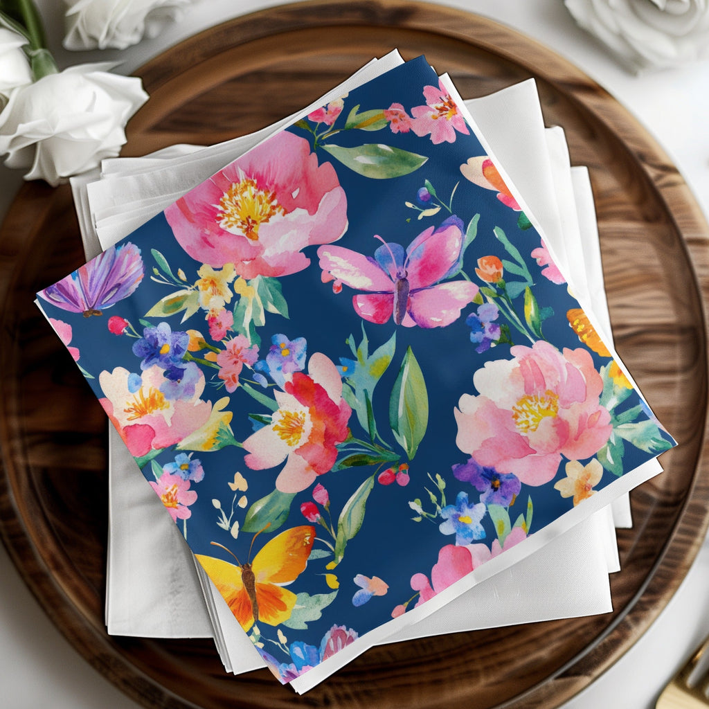 Floral Butterfly Seamless Digital, Watercolor Flowers Pattern, Fabric Design, Scrapbooking Paper, Navy Background, Digital Paper - Moore and Mountain