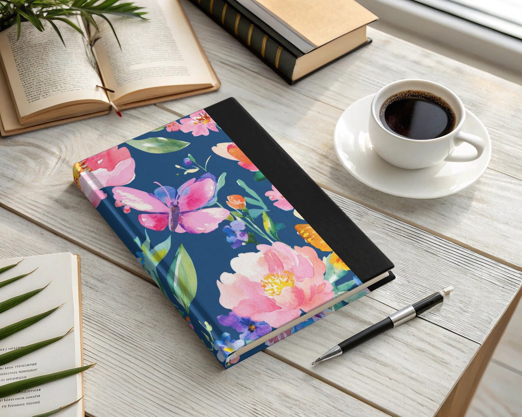 Floral Butterfly Seamless Digital, Watercolor Flowers Pattern, Fabric Design, Scrapbooking Paper, Navy Background, Digital Paper - Moore and Mountain