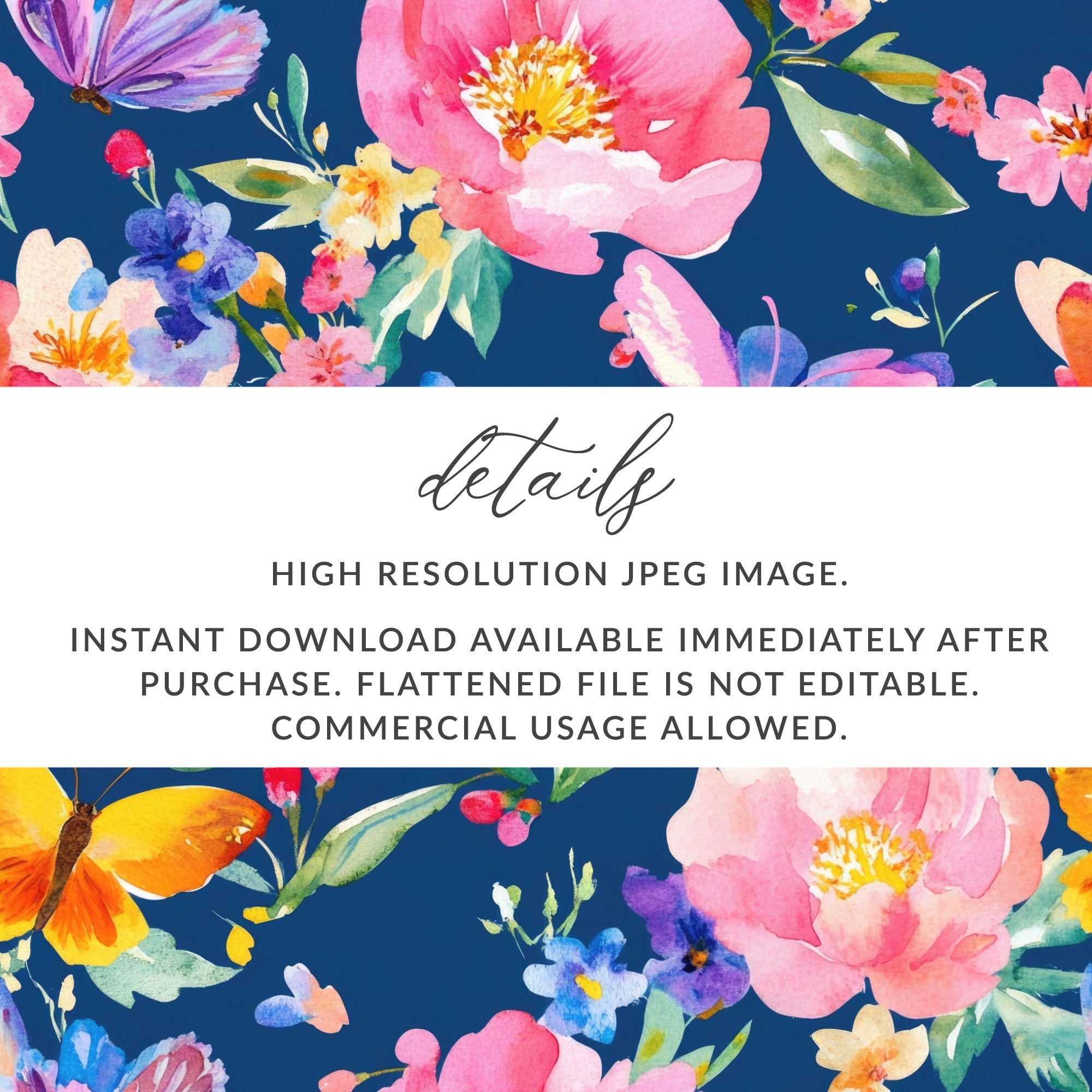 Floral Butterfly Seamless Digital, Watercolor Flowers Pattern, Fabric Design, Scrapbooking Paper, Navy Background, Digital Paper - Moore and Mountain