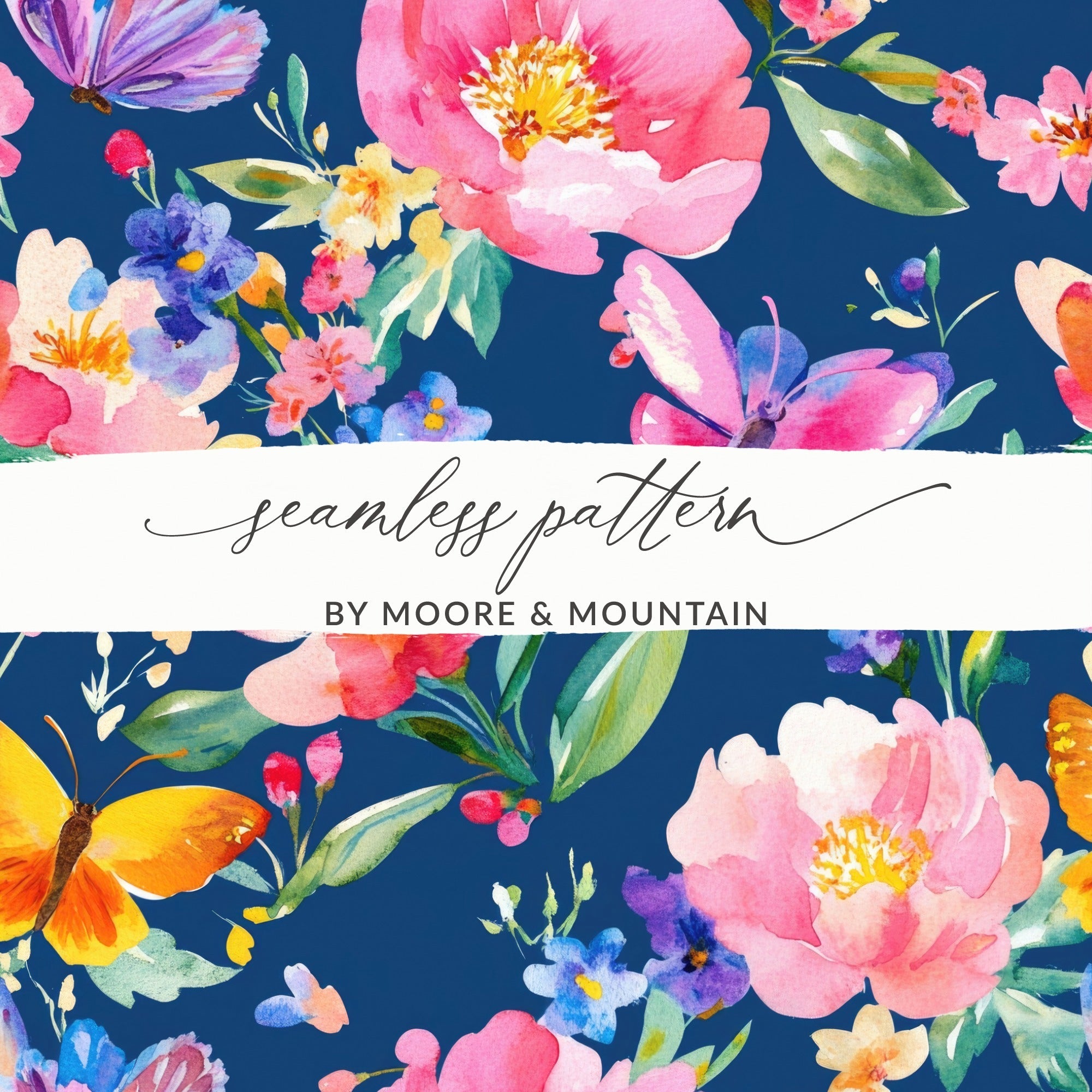 Floral Butterfly Seamless Digital, Watercolor Flowers Pattern, Fabric Design, Scrapbooking Paper, Navy Background, Digital Paper - Moore and Mountain