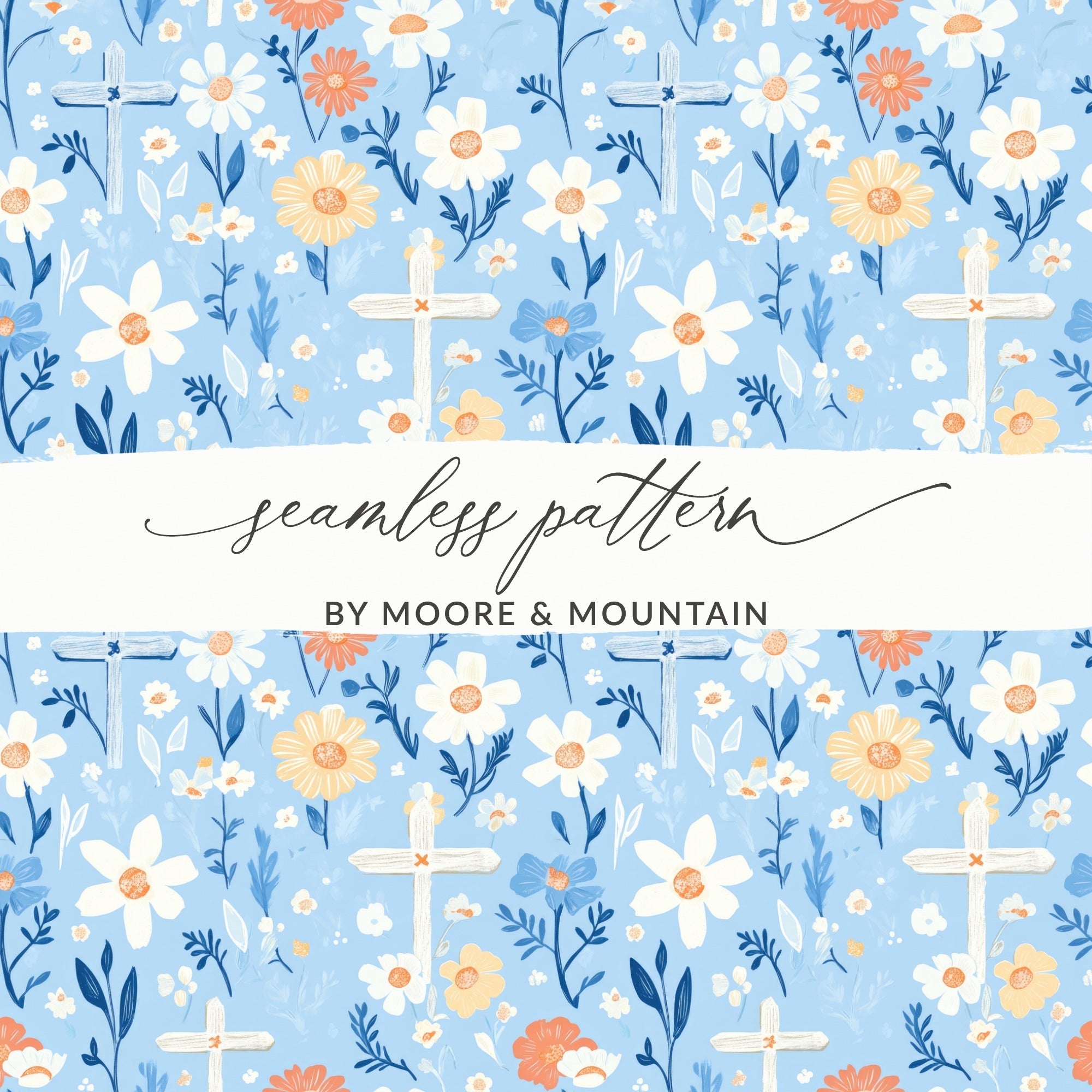 Floral Cross Digital Paper, Seamless Flower Pattern, Springtime, Religious Background, Scrapbook Paper, Digital Download - Moore and Mountain
