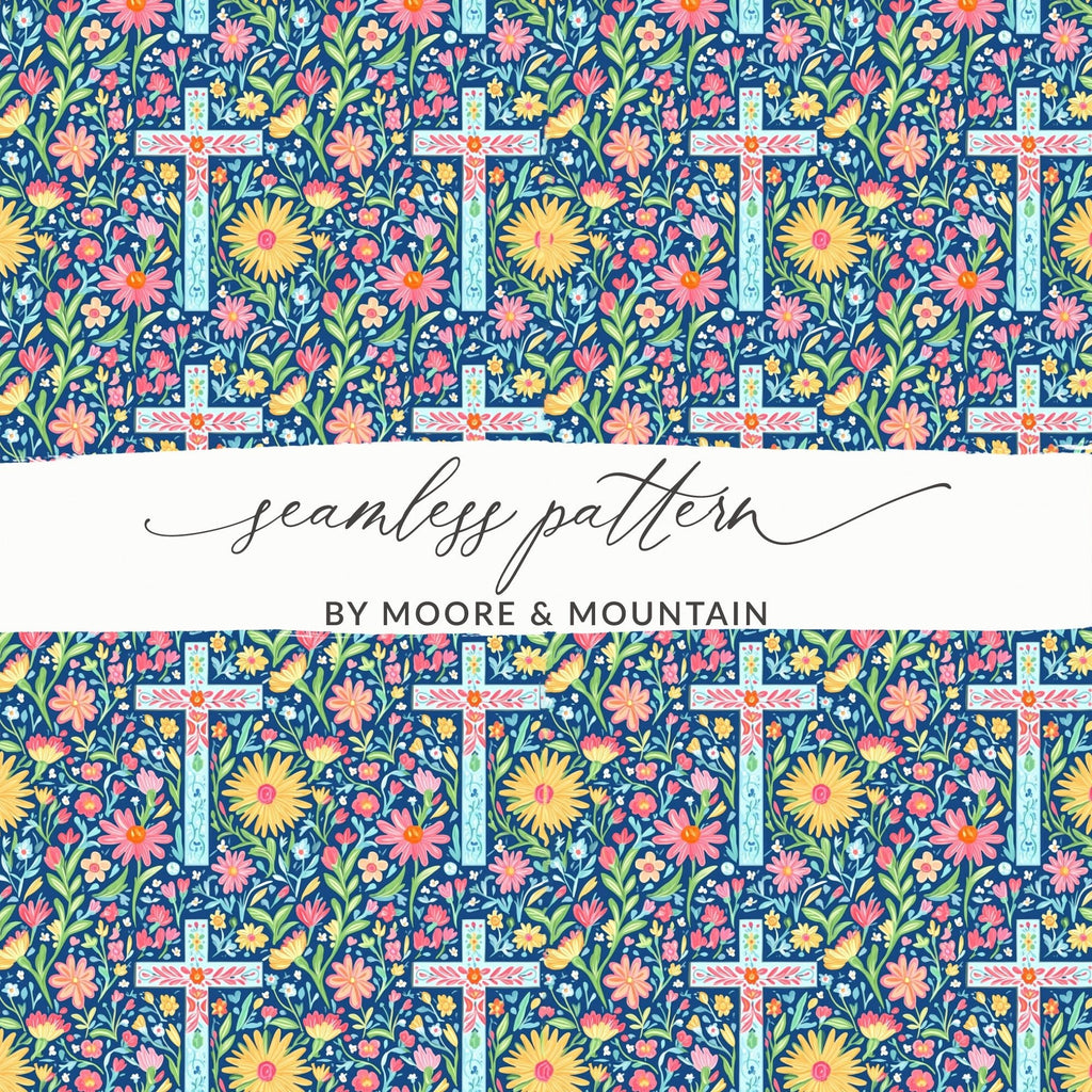 Floral Cross Digital Paper, Seamless Pattern Bundle, Spring Flowers Print, Easter Fabric Design, Religious Backgrounds, Scrapbook Paper - Moore and Mountain