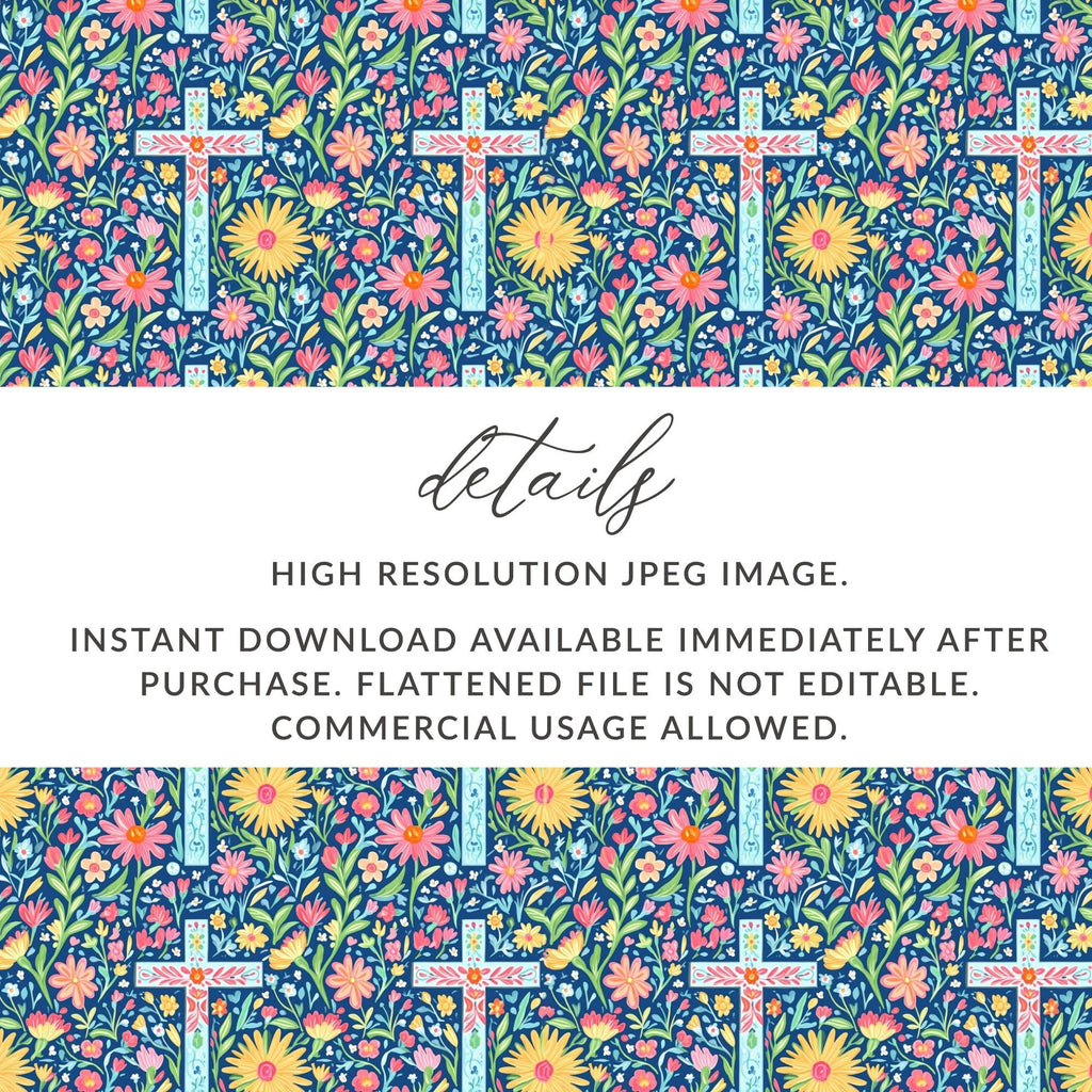 Floral Cross Digital Paper, Seamless Pattern Bundle, Spring Flowers Print, Easter Fabric Design, Religious Backgrounds, Scrapbook Paper - Moore and Mountain