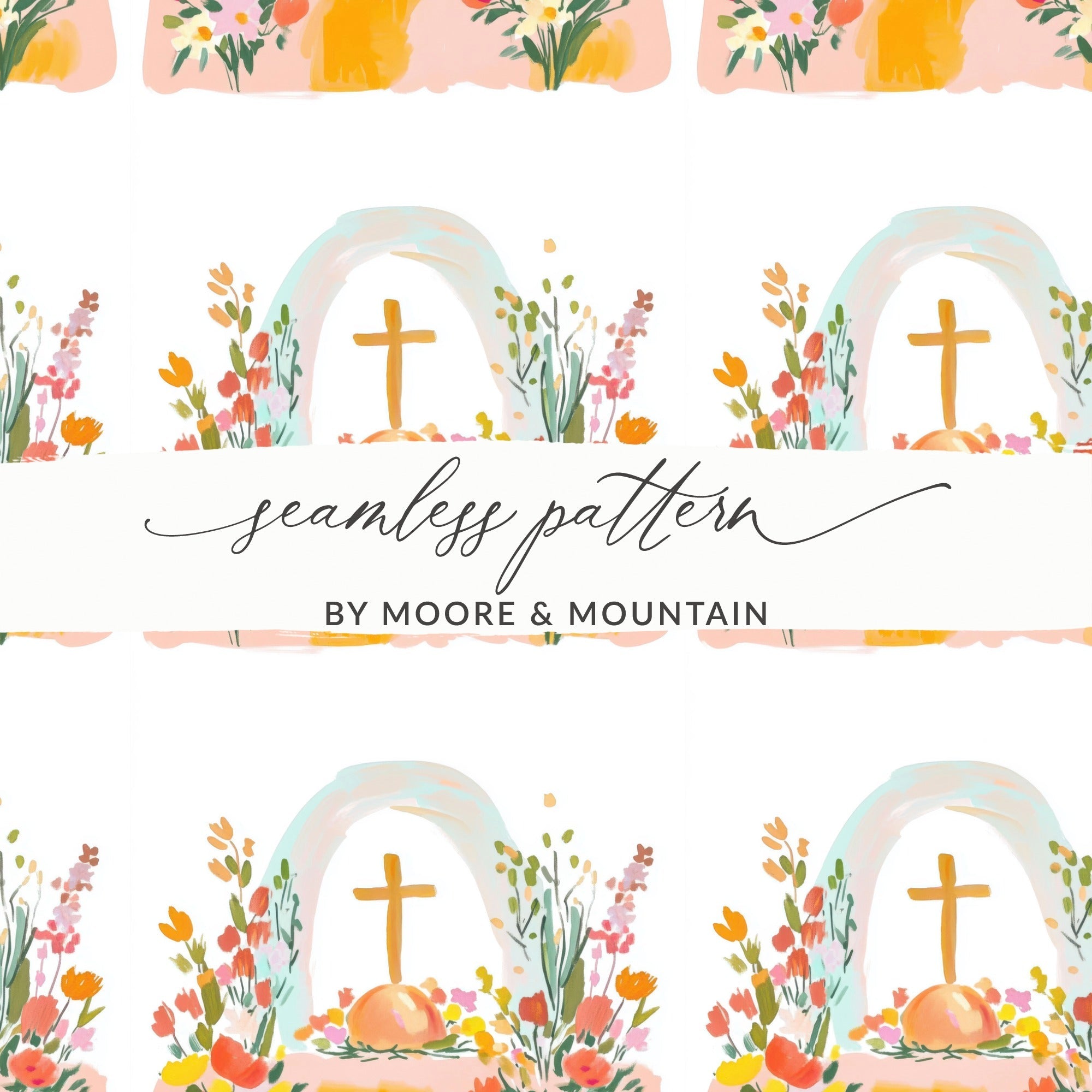 Floral Cross Digital Paper, Seamless Pattern Design, Christian Easter Spring Background, Scrapbooking Fabric Design, Digital Files - Moore and Mountain