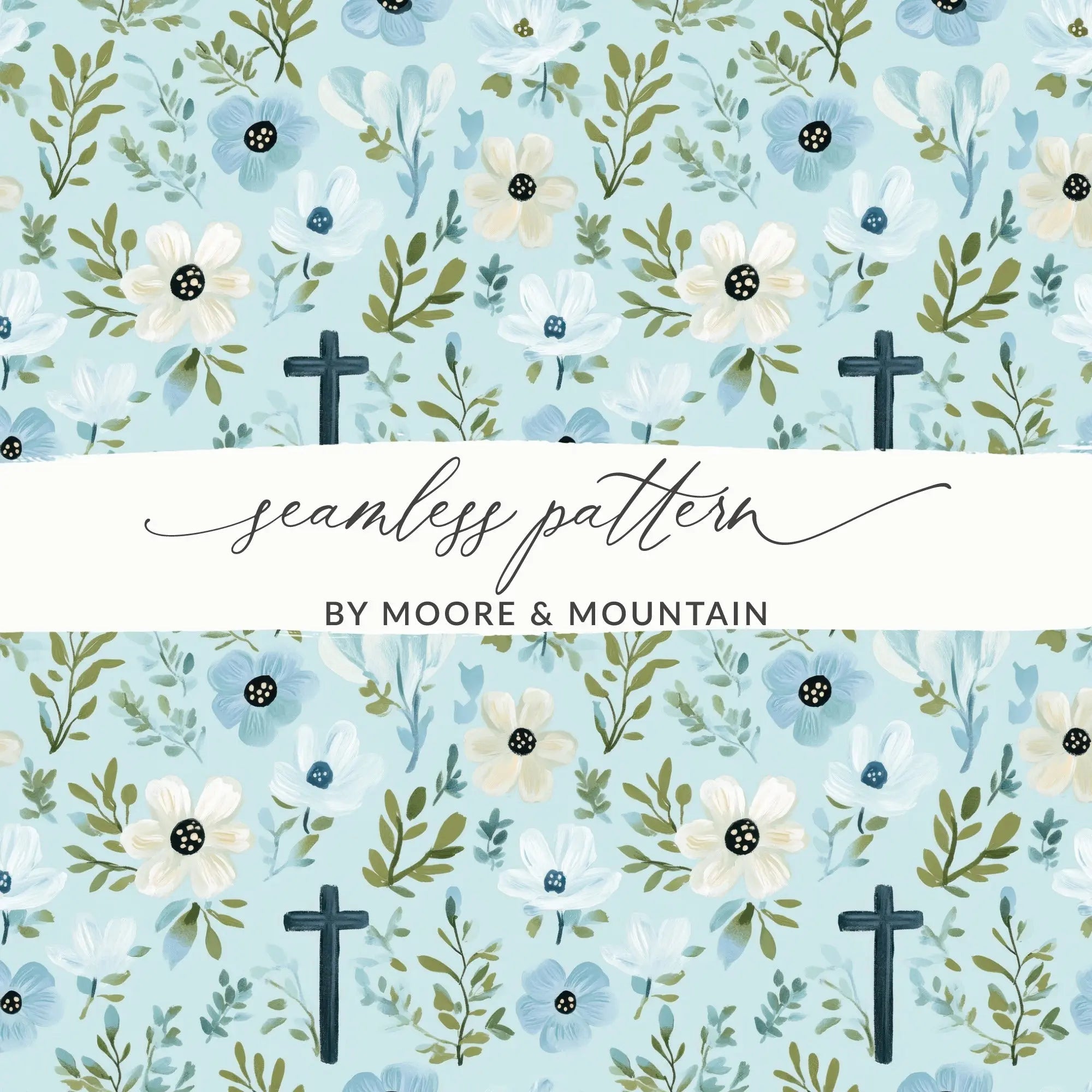 Floral Cross Seamless Pattern, Digital Download, Flower Backgrounds, 12x12 JPEG, Pastel Floral Digital Paper, Religious Backgrounds - Moore and Mountain