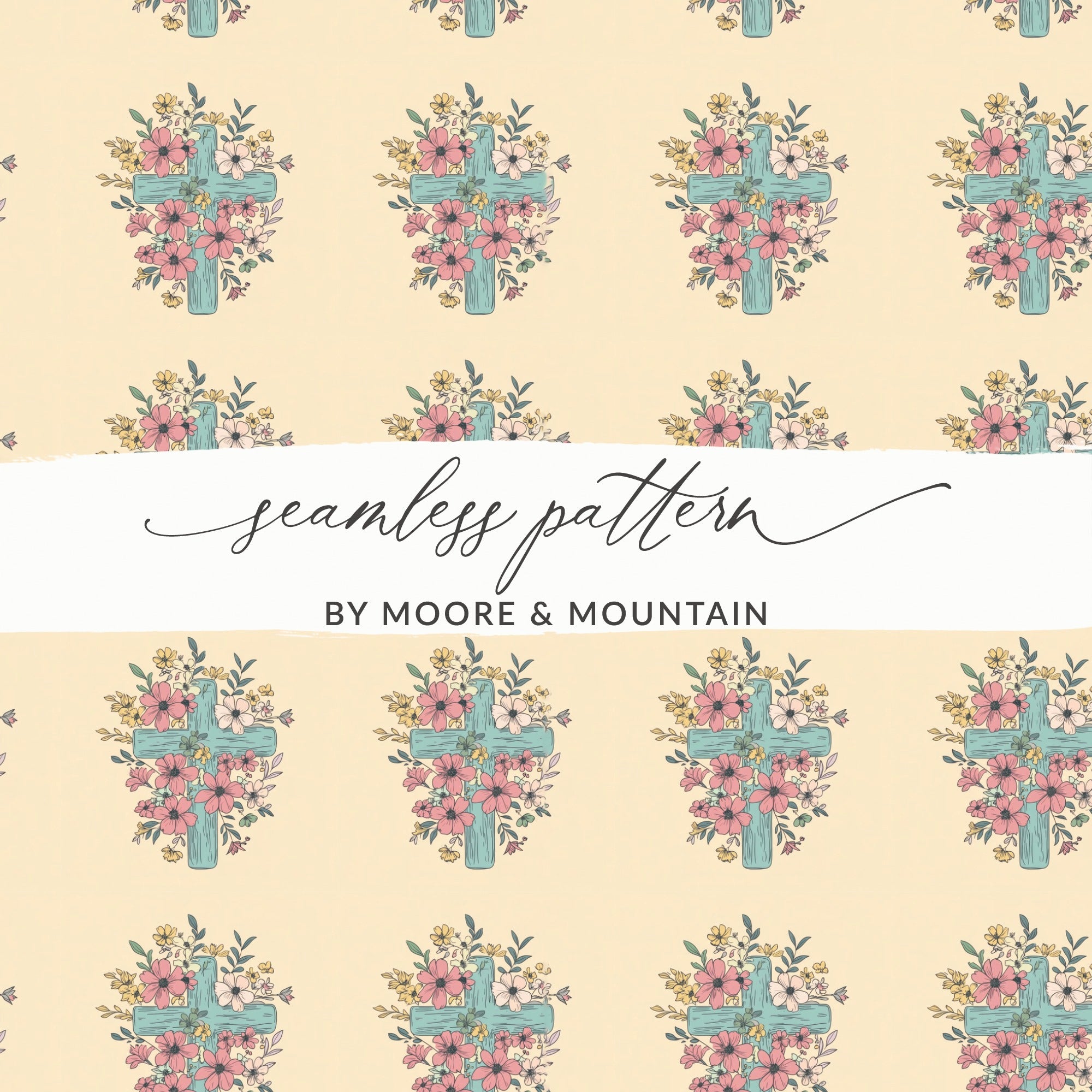 Floral Cross Seamless Pattern Digital, Easter Digital Paper, Religious Fabric Design, Christian Pattern Download, Church Digital - Moore and Mountain