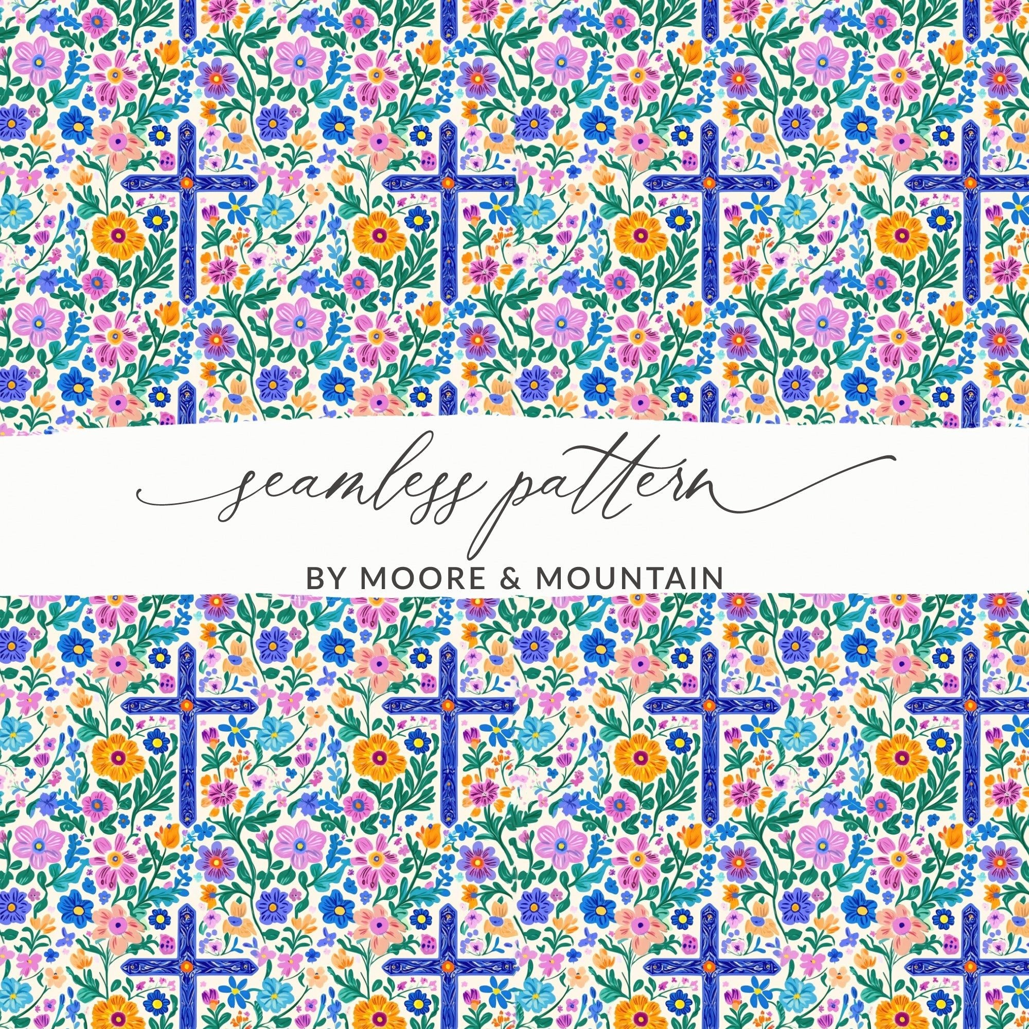Floral Cross Seamless Pattern, Digital Paper, Christian Design, Religious Background, Colorful Flowers, Download Includes 2 Scales - Moore and Mountain