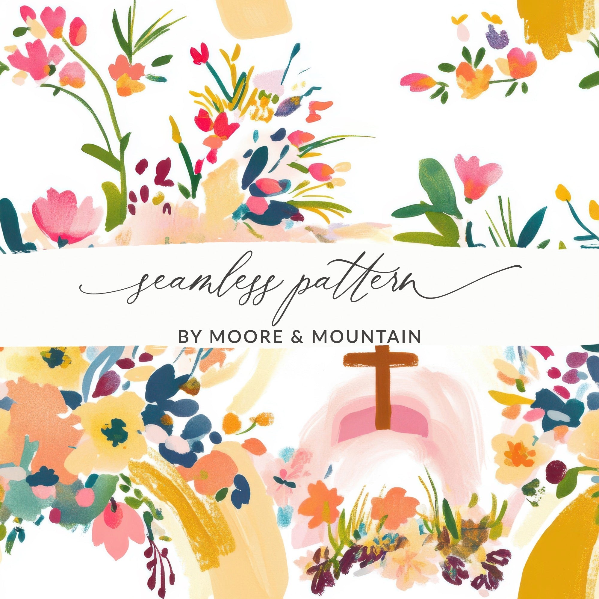 Floral Cross Seamless Pattern, Digital Paper Pack, Church Design, Easter Print, Watercolor Flowers, Religious Art Print, Digital Download - Moore and Mountain