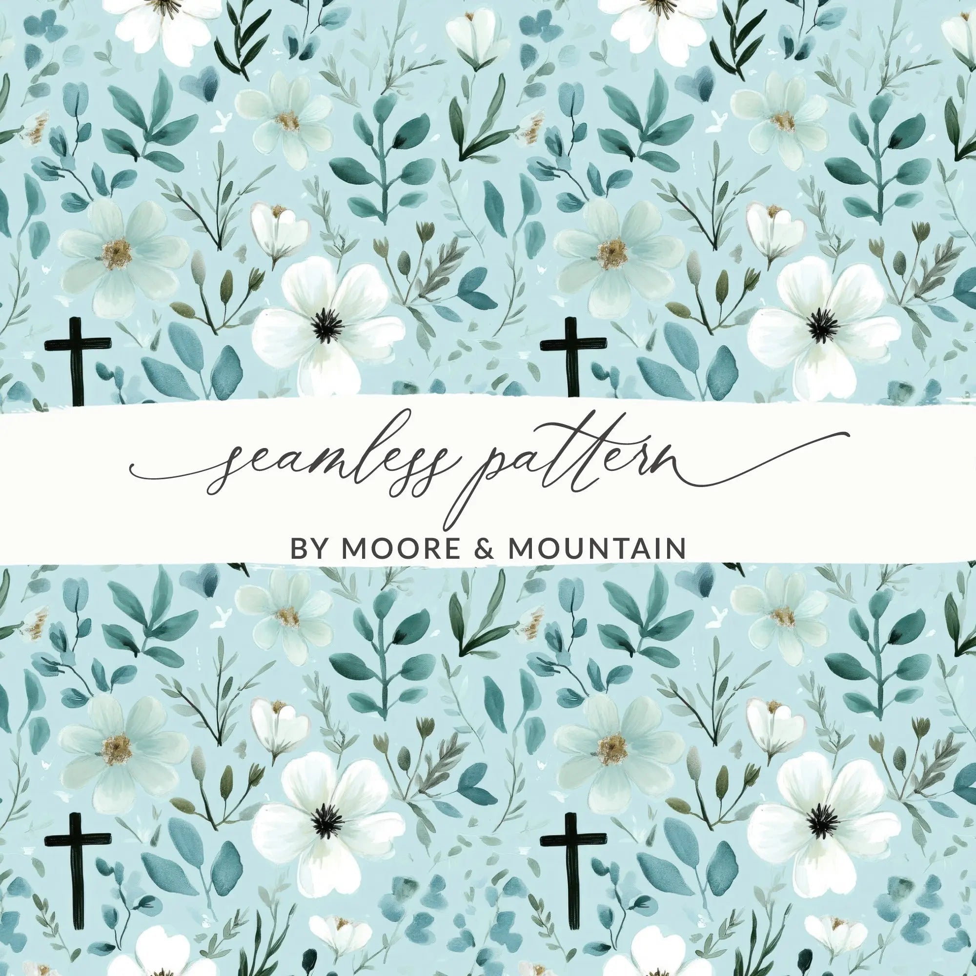 Floral Cross Seamless Pattern, Digital Paper, Spring Flowers, Religious Fabric Design, Easter Background, Faith Based Printable Design - Moore and Mountain