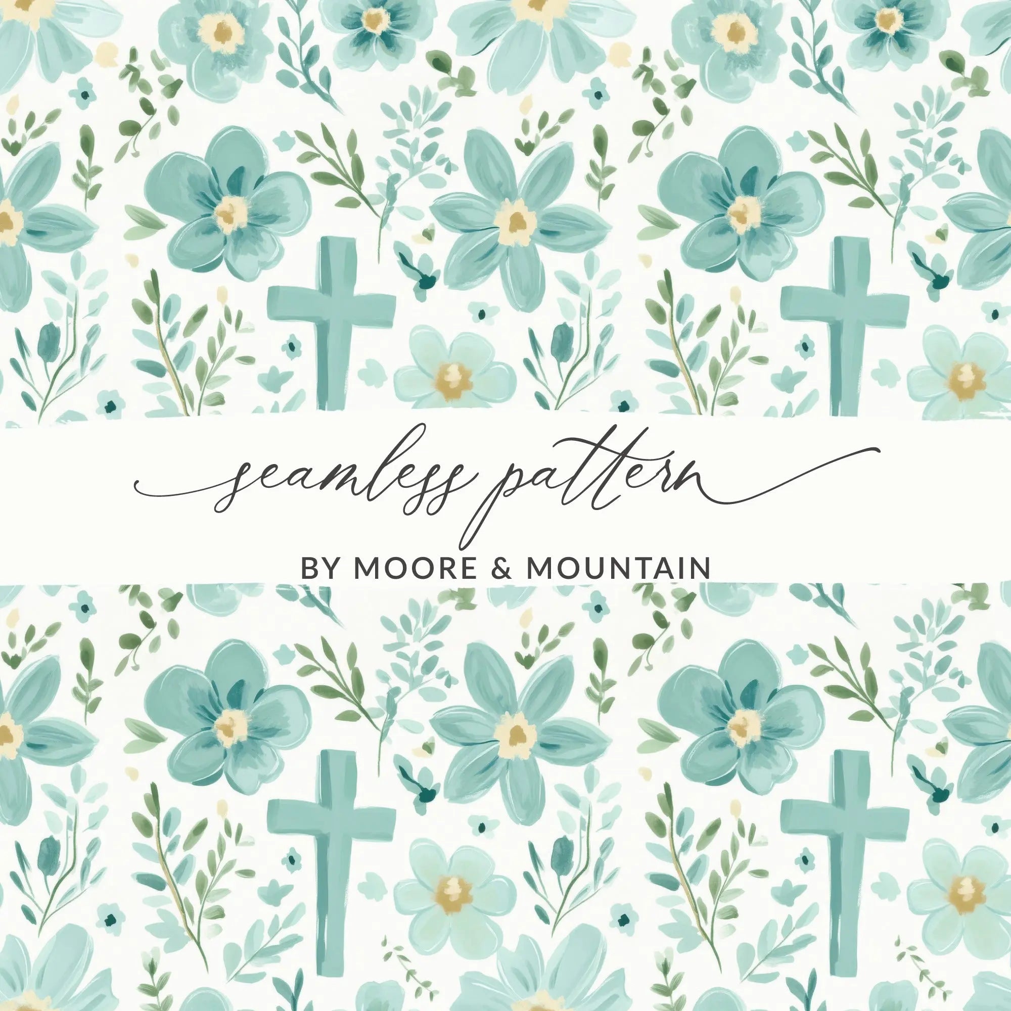 Floral Cross Seamless Pattern Digital Paper, Teal Flower Background, Religious Design, Printable Scrapbook Paper, Christian Easter Digital - Moore and Mountain
