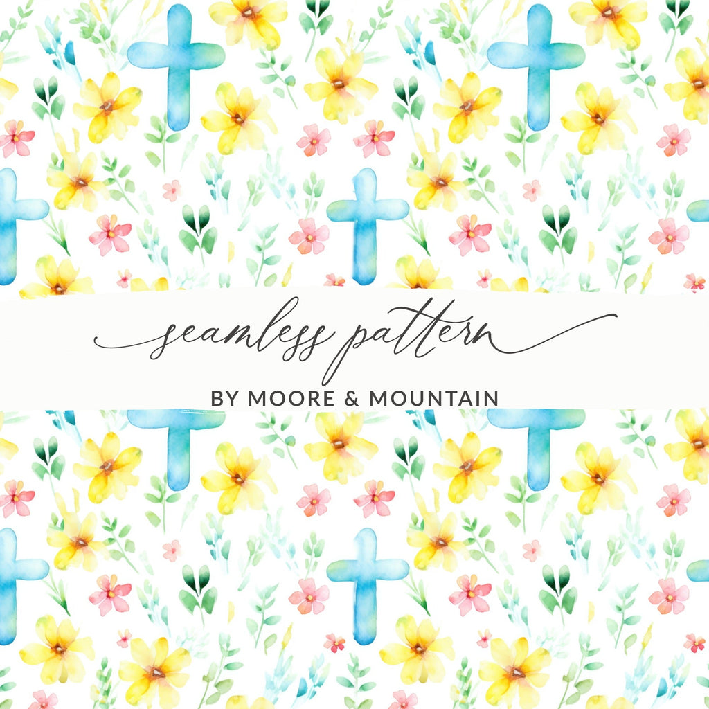 Floral Cross Seamless Pattern Digital Paper, Watercolor Flowers, Easter Design, Religious Fabric Print, Pastel Spring Background - Moore and Mountain
