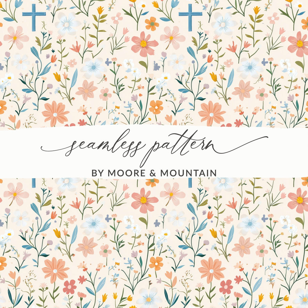 Floral Cross Seamless Pattern Digital, Pastel Flower Digital Paper, Religious Easter Background, Spring Floral Print Fabric, 2 JPEG files - Moore and Mountain