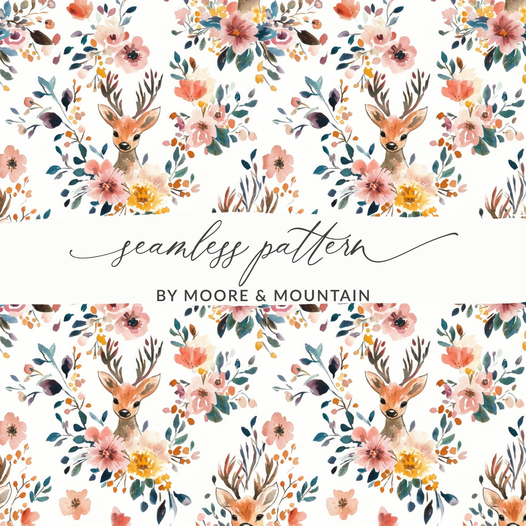 Floral Deer Digital Paper, Watercolor Animal Print, Peach Flowers Seamless Pattern, Fall Pattern for Fabric, Nursery Decor, Scrapbooking - Moore and Mountain