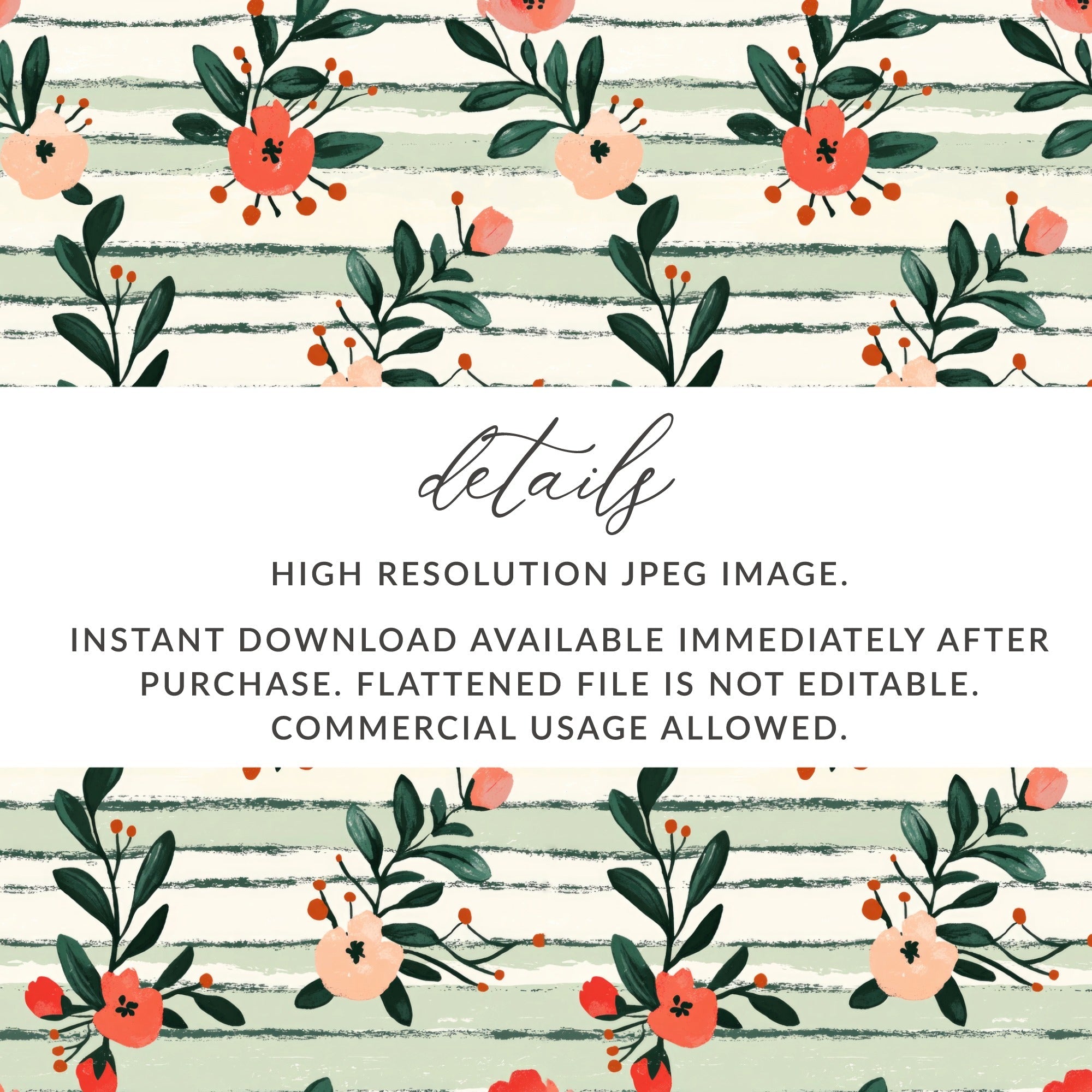 Floral Digital Paper, Peach Red Flowers, Green Stripes Pattern, Summer, Spring Print, Scrapbooking Paper, Fabric Design, Digital Download - Moore and Mountain